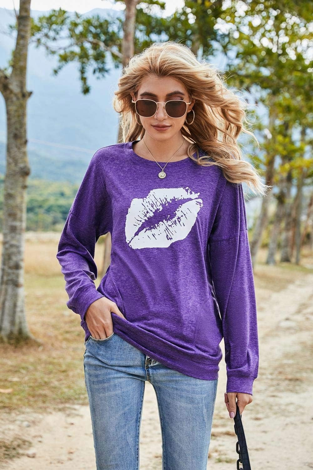 Casual Loose Fit Pocket Shirt for Women Cute Tunic & Printed Tops Blouse Round Neck T Shirts (2XL, lighpurple+whitelips)