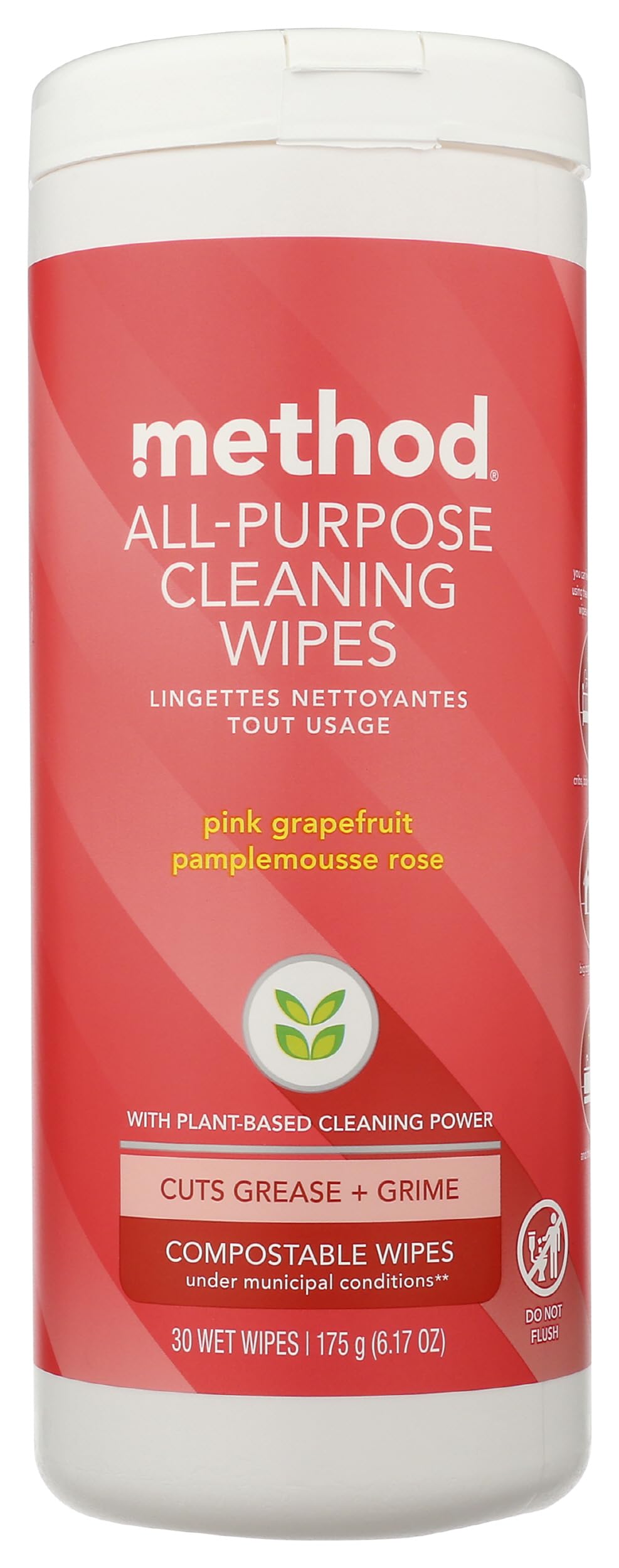 Method Pink Grapefruit All Purpose Cleaning Wipes, Multi-Surface, Compostable, 30 Count (Pack of 1)