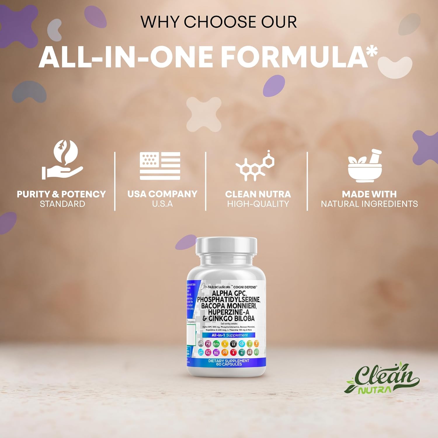 Clean Nutraceuticals Alpha GPC Choline Phosphatidylserine Bacopa Monnieri Ginkgo Biloba Huperzine A Supplement with Urdine Lions Mane Cats Claw NAC Vitamin C B D E - Image 7