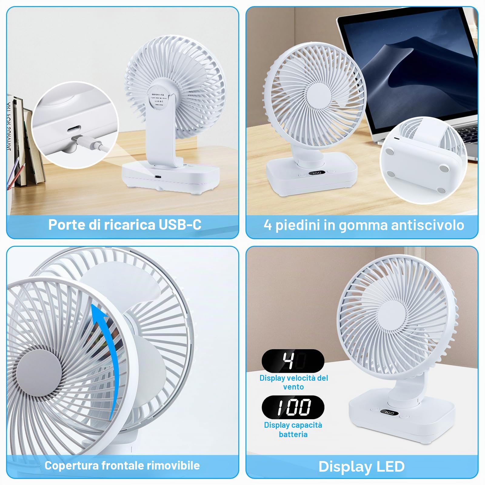 Ventilatore da Tavolo USB Silenzioso, Piccolo Ventilatore Potente 4 Velocità, Auto Oscillante 120°,Mini Ventilatori Desktop Portatile Ricaricabile 4000mAh, per Scrivania Ufficio Casa Viaggi