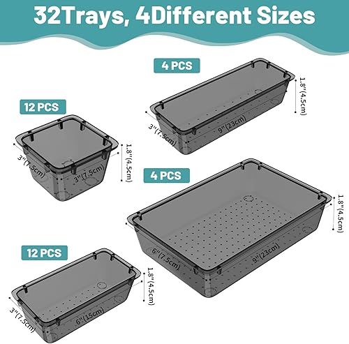 Miniatura 2 de WOWBOX Juego de 32 organizadores de cajones de plástico transparente, 4 tamaños, organizador de cajones de escritorio y contenedores de