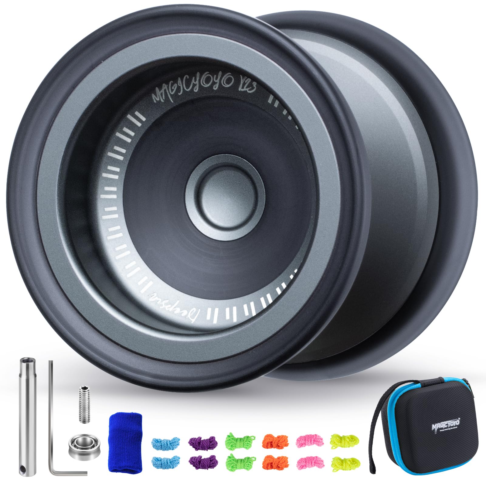 MAGICYOYO V13 Bi-Material Yoyo for Kids 8-12, Dual-Function Yoyo Professional for Responsive and Unresponsive Yo-yo Tricks with 12 Yoyos Strings, Blue Finger Brace, Bearing Kit (Grey+Black Rings)