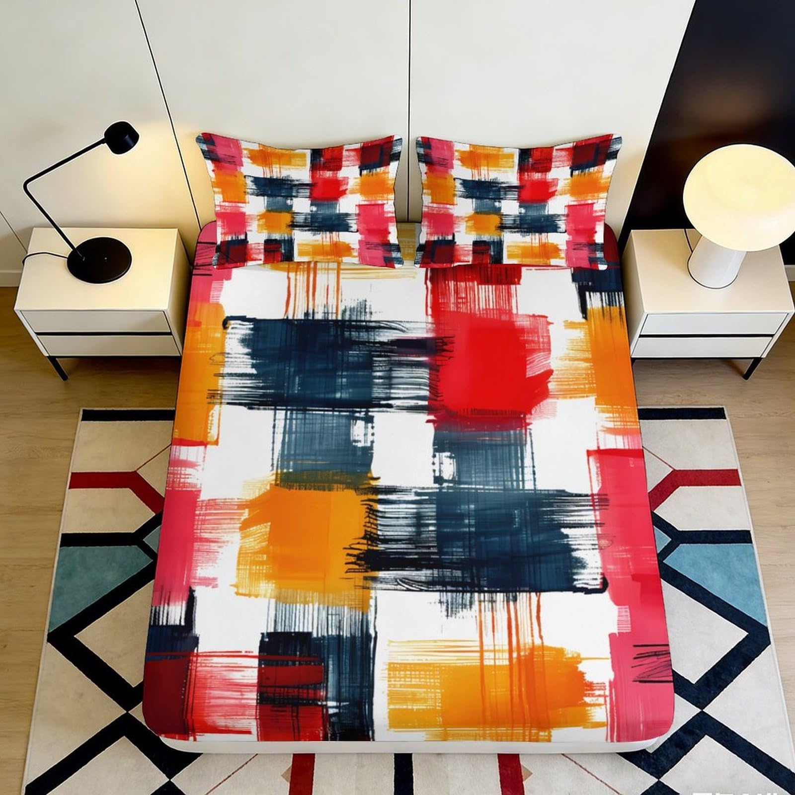 3D Printed Abstract Color Blocks Fitted Sheet Microfiber Durable Breathable Geometric Mattress Cover for Bedroom Dormitory Guest Room Protection 140x200x25cm