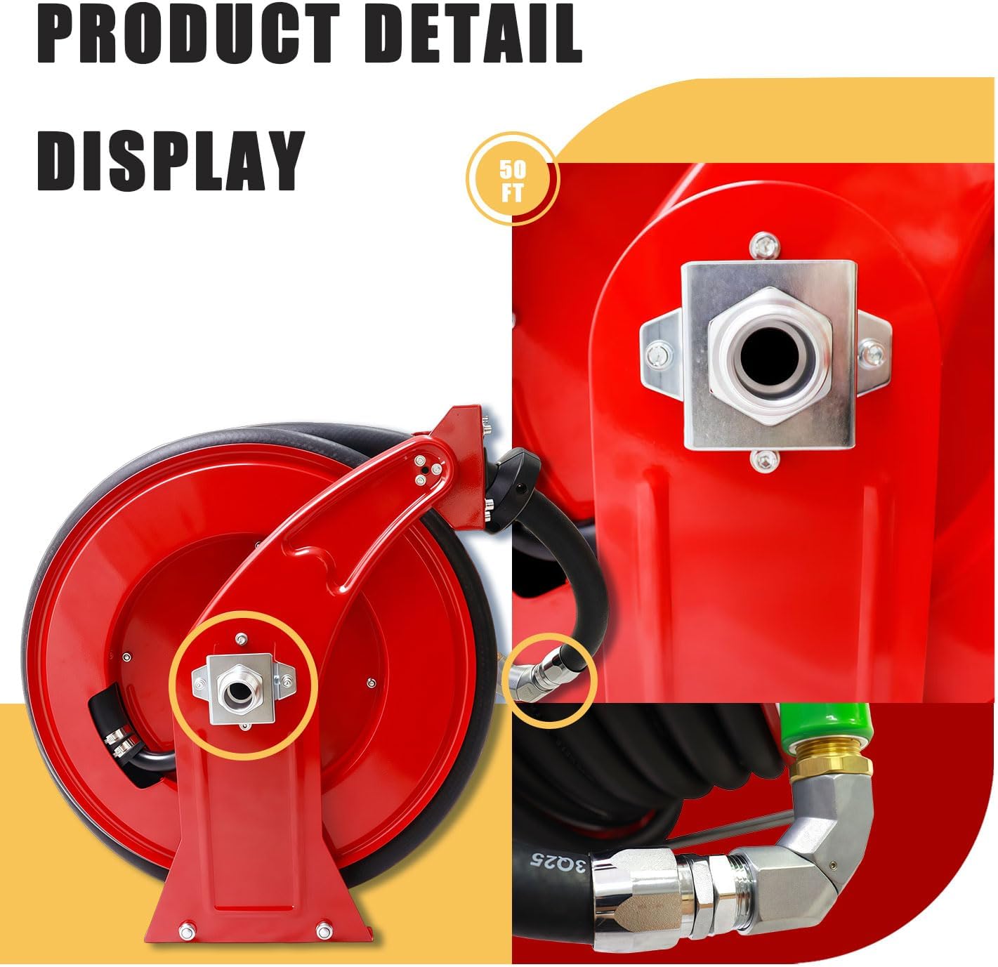 Fuel Hose Reel,Ratchet Spring-Driven Retractable 1"x 50' Diesel Hose Reel W/Swivel, AUTO Fuel Nozzle,SS Eblow Barb Fitting,300 PSI,1"NPT Inlet,1" Outlet Heavy Duty Steel Construction