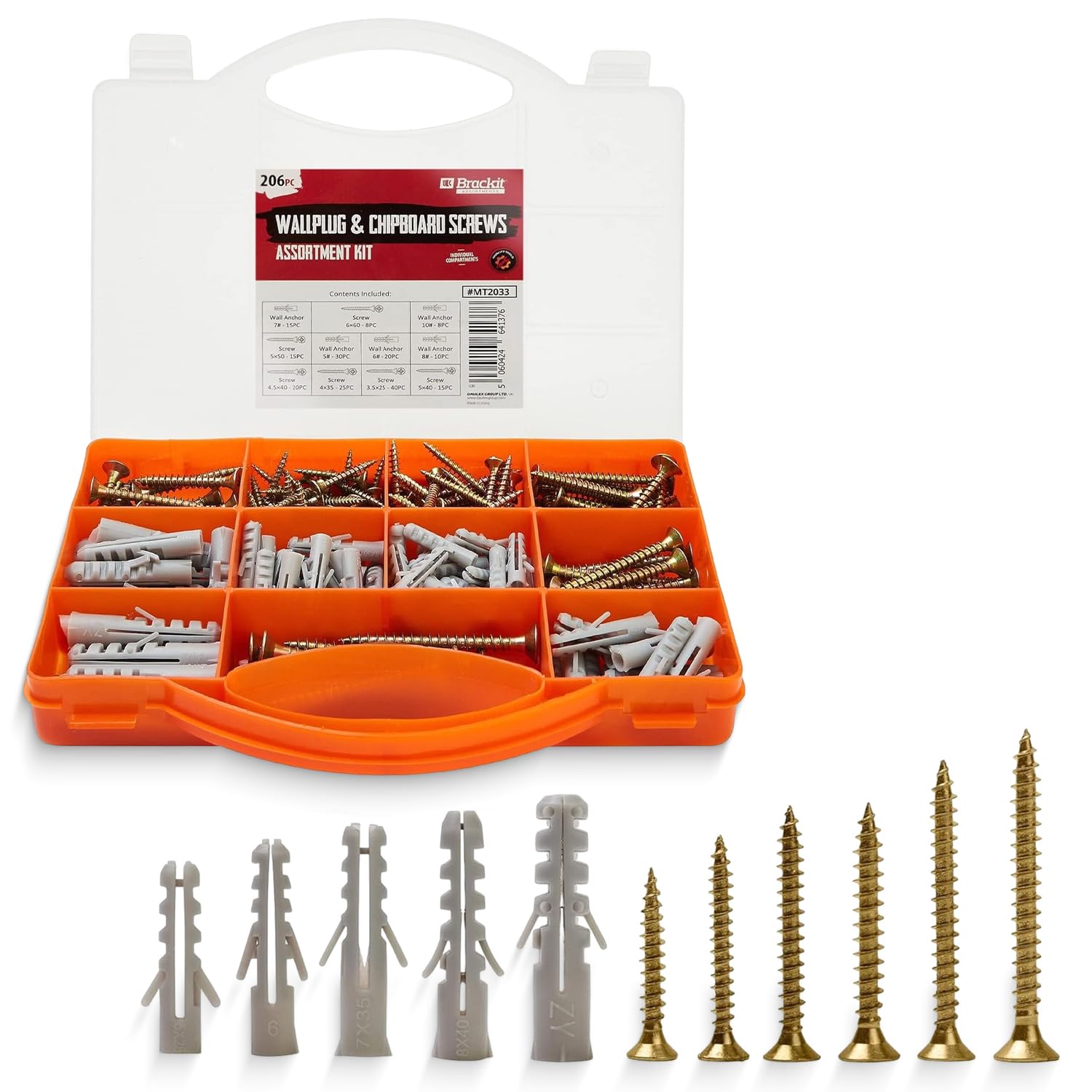 Brackit 206 Piece Drywall Plugs & Anchors Set – Heavy Duty Chipboard Screws Assortment Kit inc. Countersunk Pozi Drive Head Wood Screws – For Repairing, Drilling, Mounting, Building, Furniture and DIY
