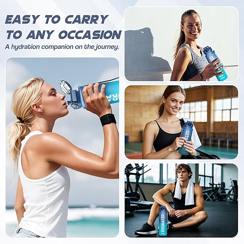 Miniatura 7 de Botella de agua, botellas de agua deportivas de 32 onzas con marcador de tiempo, boca ancha, botella de bebida motivacional y a prueba de fugas,