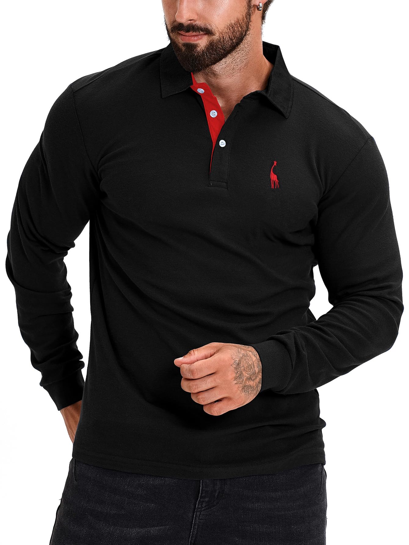 KUNJLELP 100% Cotone Polo da Uomo Manica Lunga Ricamo di Giraffa Maglietta Uniformi Polo da Lavoro per l'autunno e l'inverno