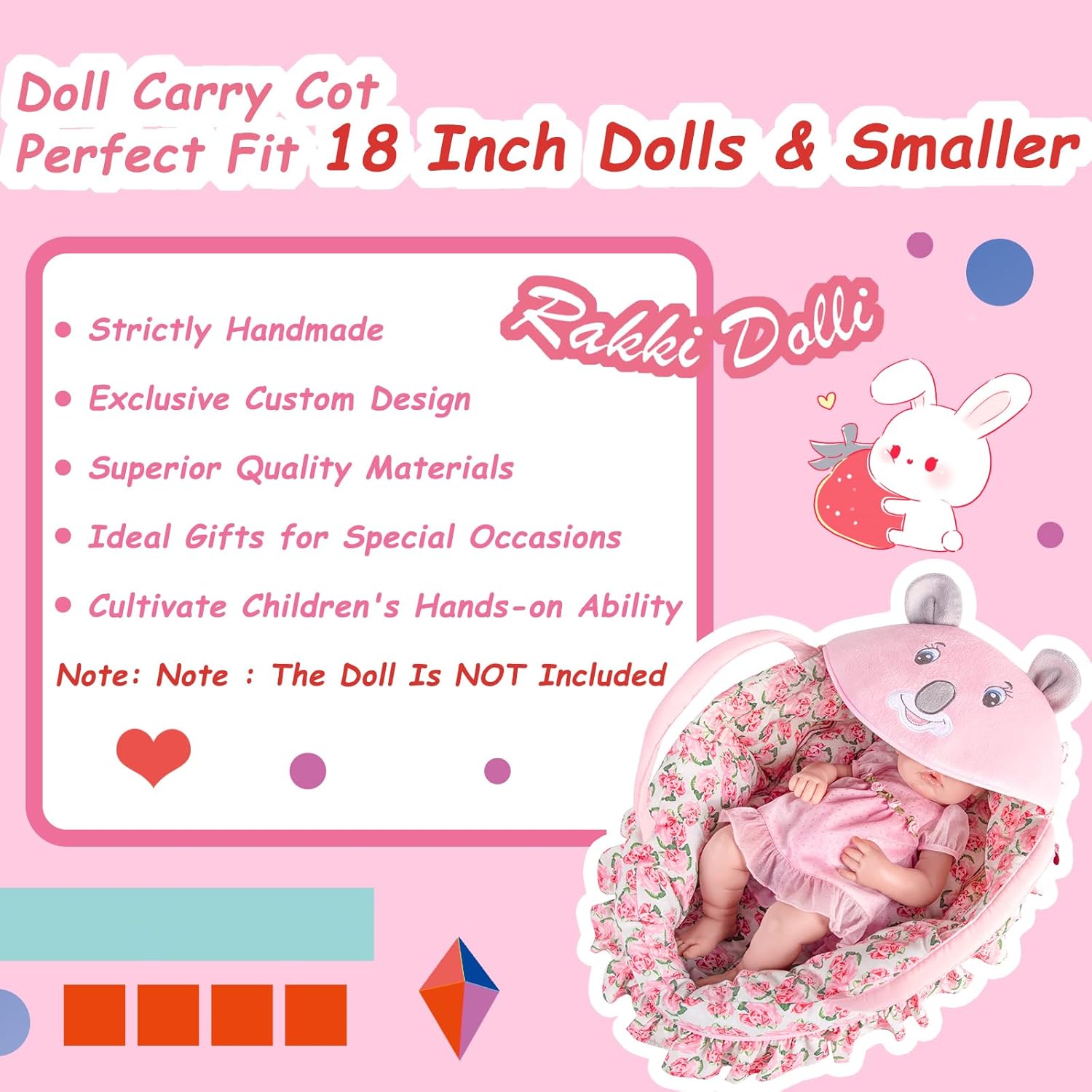 Rakki Dolli Doll Carry Cot Doll Carry Crib Doll Carrier with Fashion Koala Embroidery Pink Rose Printing, Fits for 16” 18” American Girl Dolls