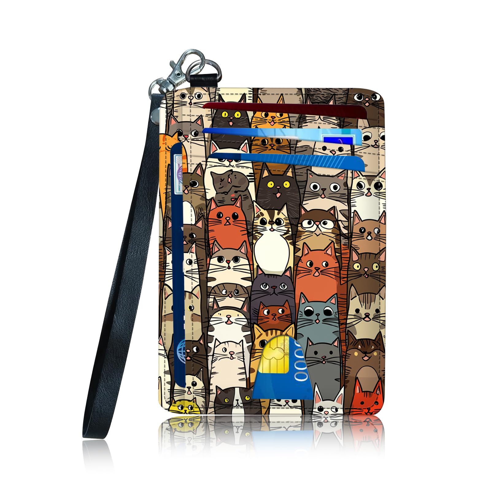 FQSXFIFN Leather Small Slim Wallet Card Case Hold 12 Cards with Wrist Strap & ID Window, Cats Credit Card Holder Wallet Front Pocket, Minimalist Rfid