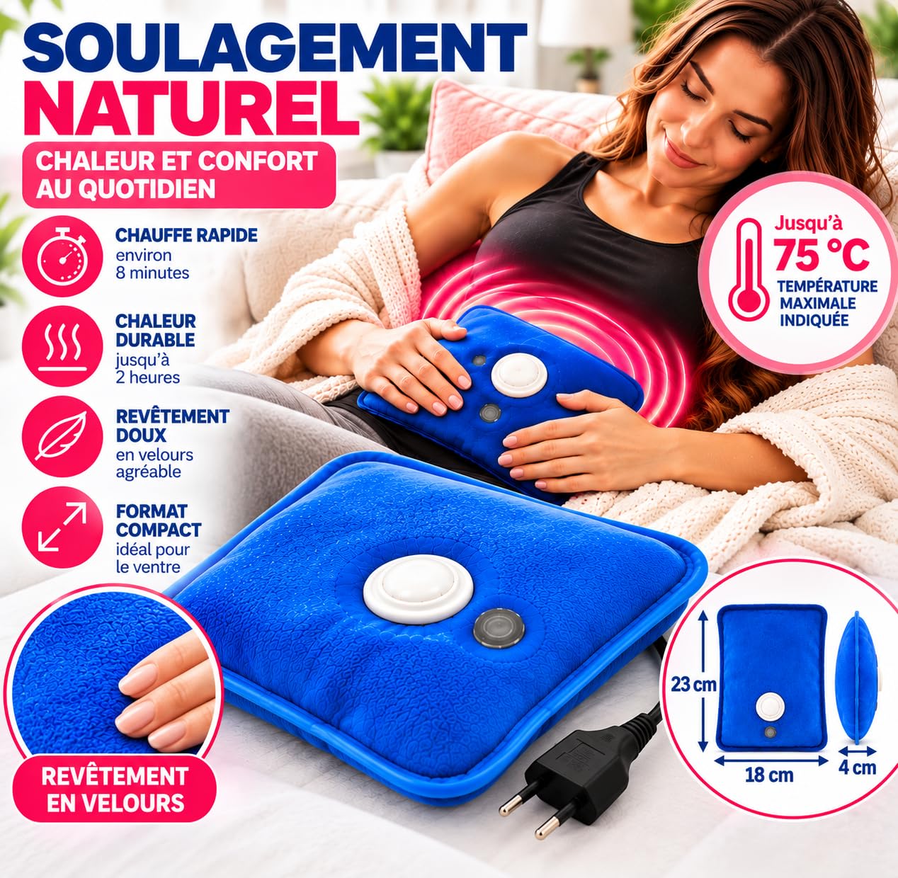 Bouillotte Électrique à Eau pour Douleurs Menstruelles, Sac Chauffant en Velours Doux, Chauffe en 8 Minutes, Chaleur Jusqu'à 2 Heures, Protection Contre la Surchauffe