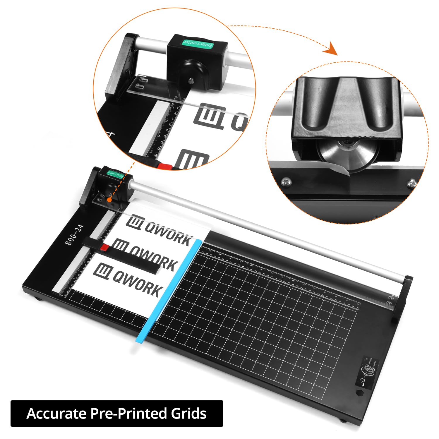 QWORK Recortadora de papel giratoria manual de precisión de 24 pulgadas con rejillas preimpresas, diseño de autoafilado