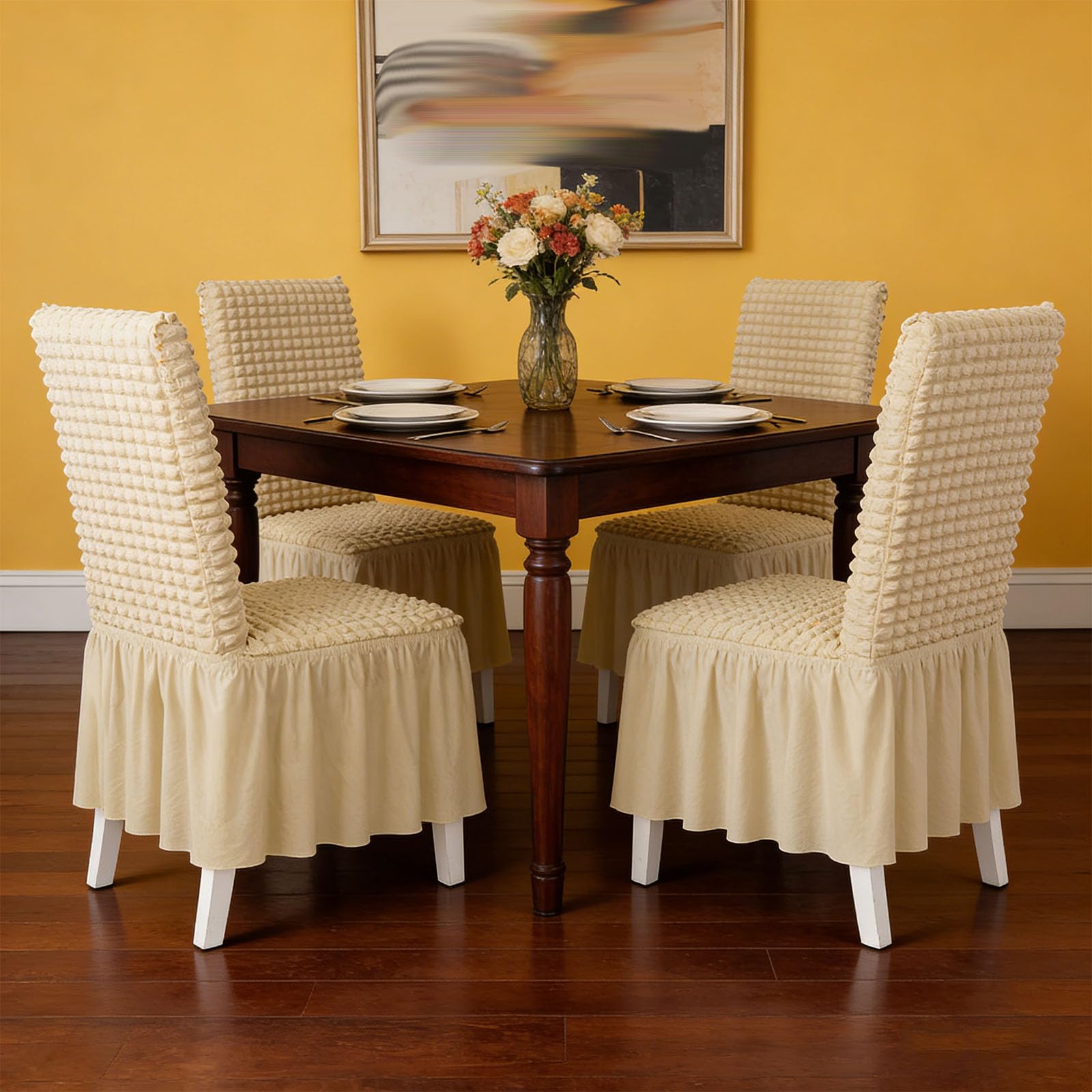 Coprisedie con Schienale 1/2/4/6 Pezzi,Copertura Sedie Sala da Pranzo con Gonna A Volant,Copri Sedie Elasticizzato Lavabile Elastica,Texture Bubble,Traspirante Confortevole,Beige,6 PCS