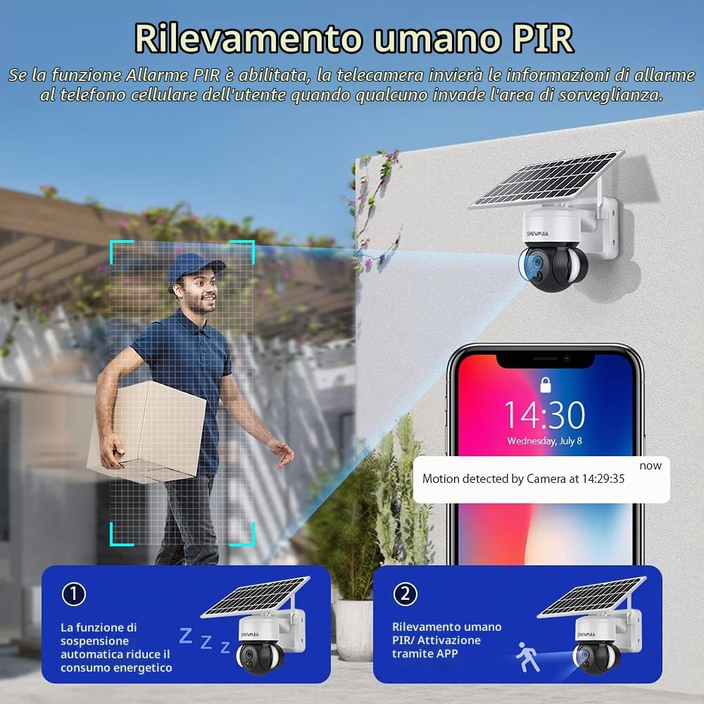 SHIWOJIA Telecamera Wi-fi Esterno con Pannello Solare, 2K PTZ 360° Videocamera Sorveglianza con Batterie da ricaricabile, PIR Rilevamento del movimento, Audio a 2vie, TUYA and Smart Life camera