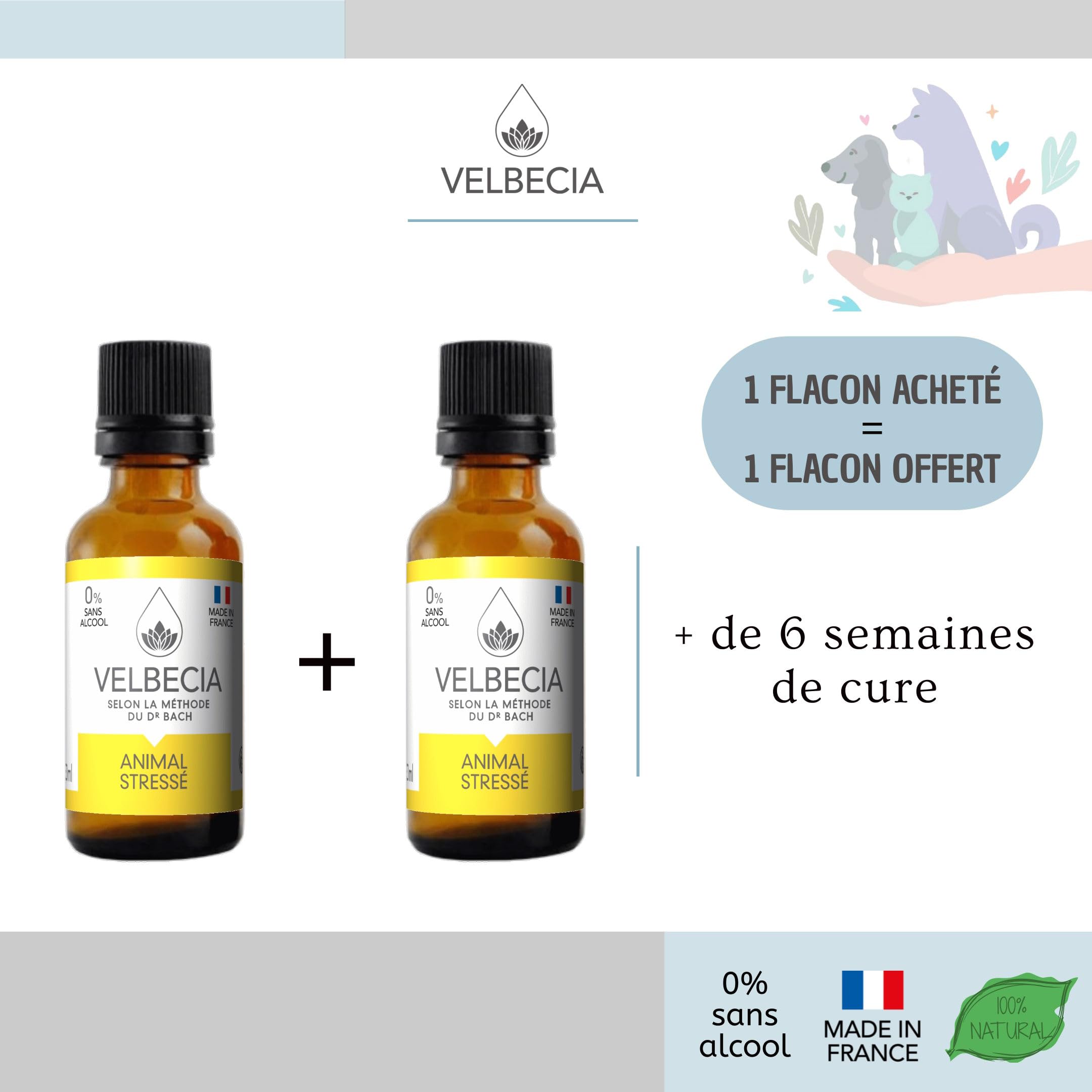 Velbecia® Animal stressé 30ml +1 OFFERT Elixirs de fleurs SANS ALCOOL - Méthode du Dr Bach - Apaise et calme votre animal