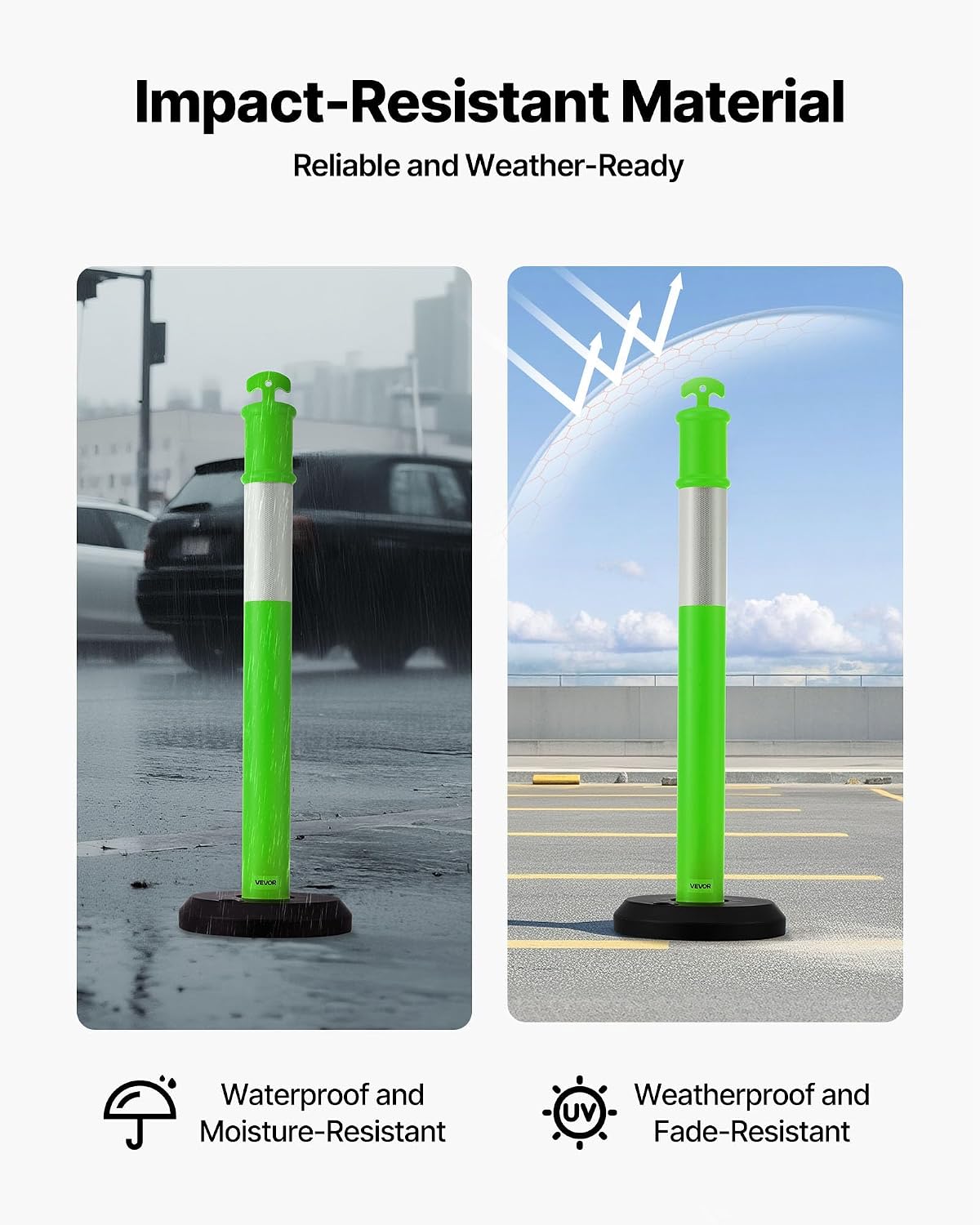 VEVOR 3 Pack Traffic Delineator Posts, 45 inches Traffic Safety Cones with Fillable Base and Reflective Strips, Heavy Duty Delineator Posts for Construction Site, Parking Lot, Crowd Control, Green