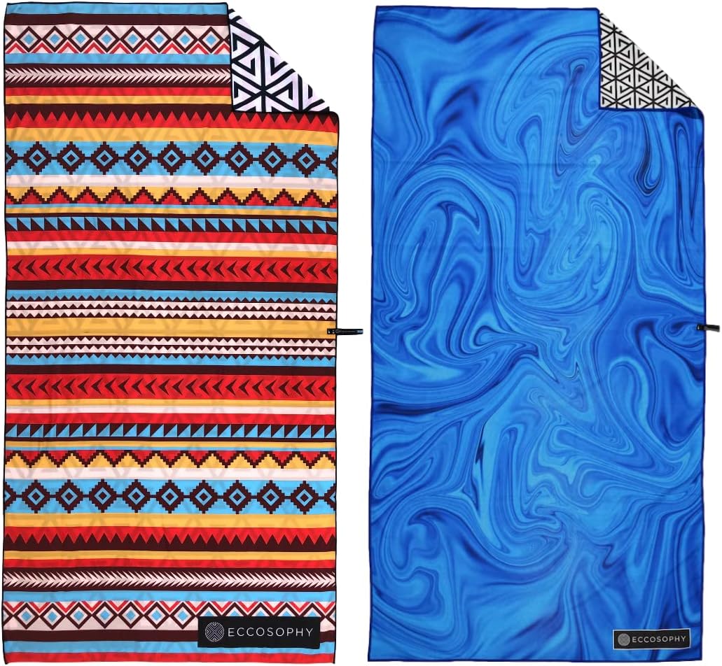 ECCOSOPHY Bundle of 2 Large 71x35 inch Microfiber Beach Towels with Travel Pouch. Designed to Keep You Sand Free and Comfortable.