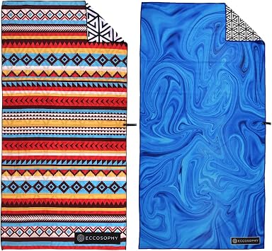 ECCOSOPHY Bundle of 2 Large 71x35 inch Microfiber Beach Towels with Travel Pouch. Designed to Keep You Sand Free and Comfortable.