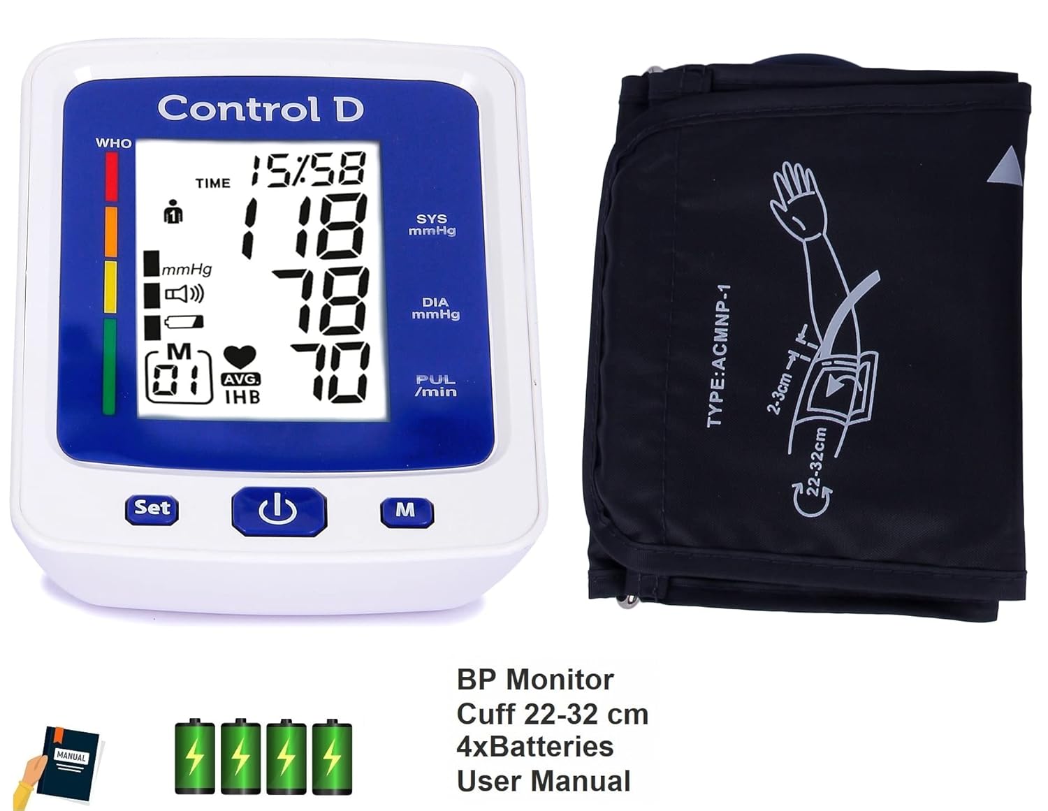 Control D Extra Large Display Series Automatic and Advance Feature Blood Pressure Monitoring System, Digital BP Monitor BP Machine (Blue, White) Control D Extra Large Display Series Automatic and Advance Feature Blood Pressure Monitoring System, Digital BP Monitor BP Machine (Blue, White)