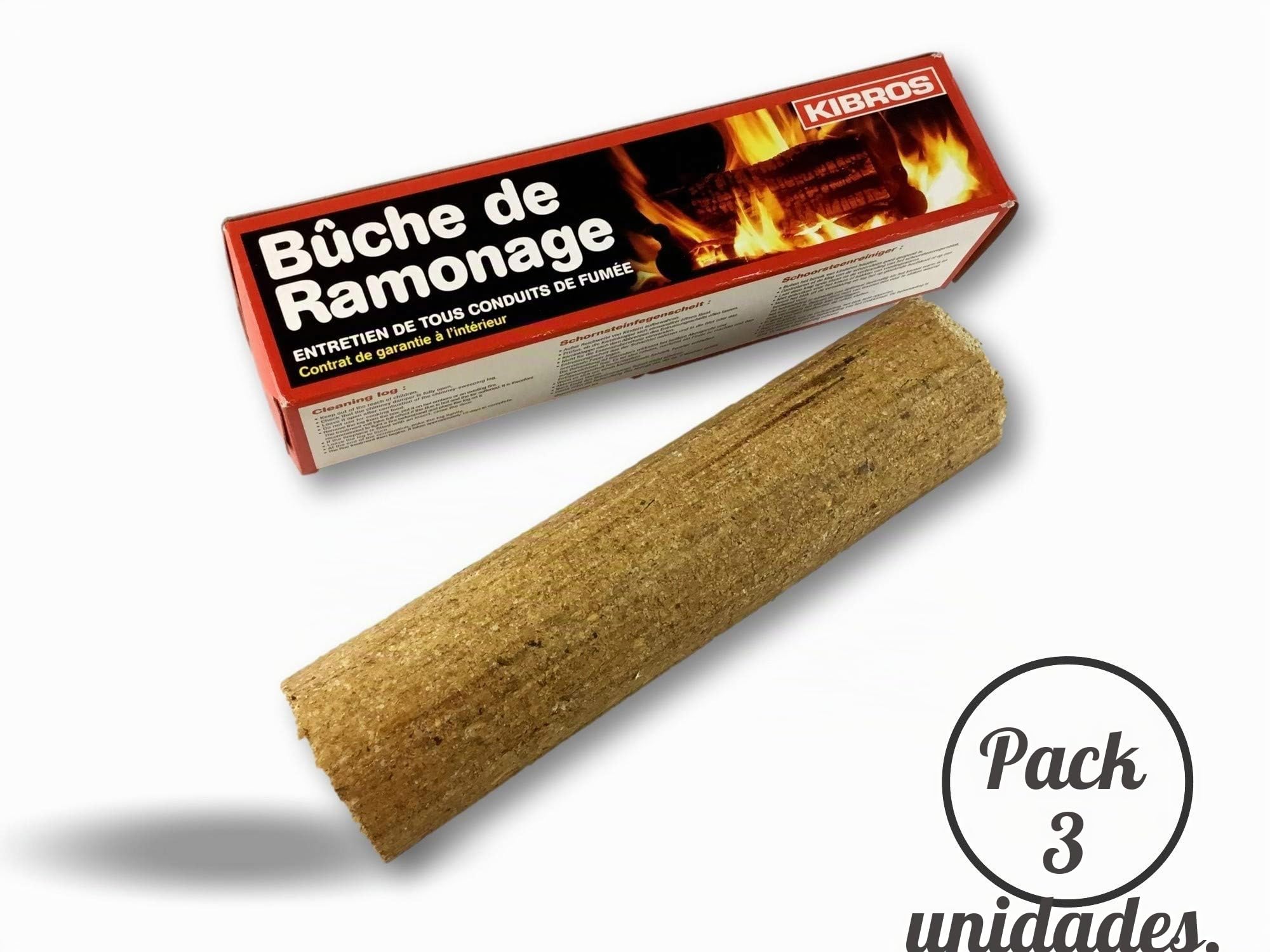 Lote de 3 leños químicos para deshollinar | Chimeneas, Insertos, Estufas, calderas, hogares Abiertos | Compatible con Todos los conductos de Humo | Eficacia Total en 15 días | Kibros 4BUCH2x3