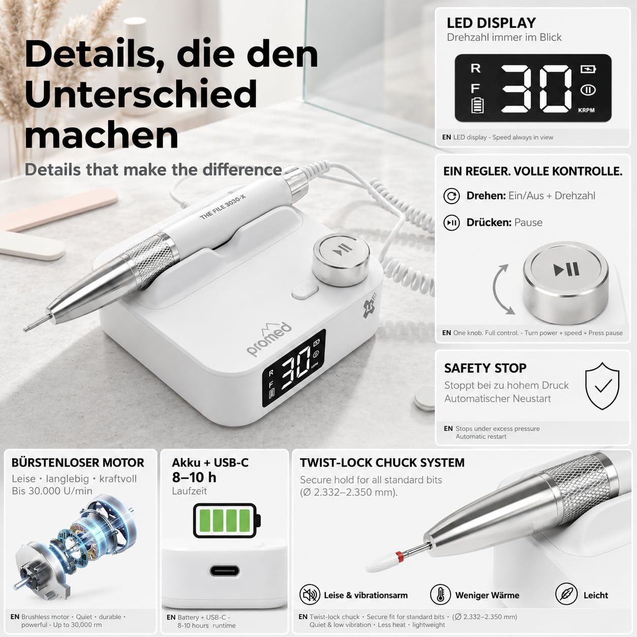Promed The File 3030-X Akku-Nagelfräser 30.000 U/min – Profi Maniküre Pediküre Set, kabellose Nagelfeile elektrisch, Fußpflege Set elektrisch, Fräser Nägel - mit Brushless-Motor, USB-C, LCD-Display