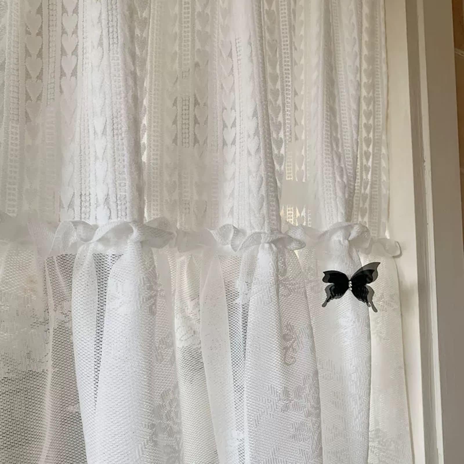 Nowoczesne zasłony 1 sztuka krótkie, szerokość 180 cm, kieszeń na pręt | Serce i kwiaty żakardowa koronka z frędzlami, łatwy w pielęgnacji poliester, przepuszczający światło, biały, 180 x 60 cm