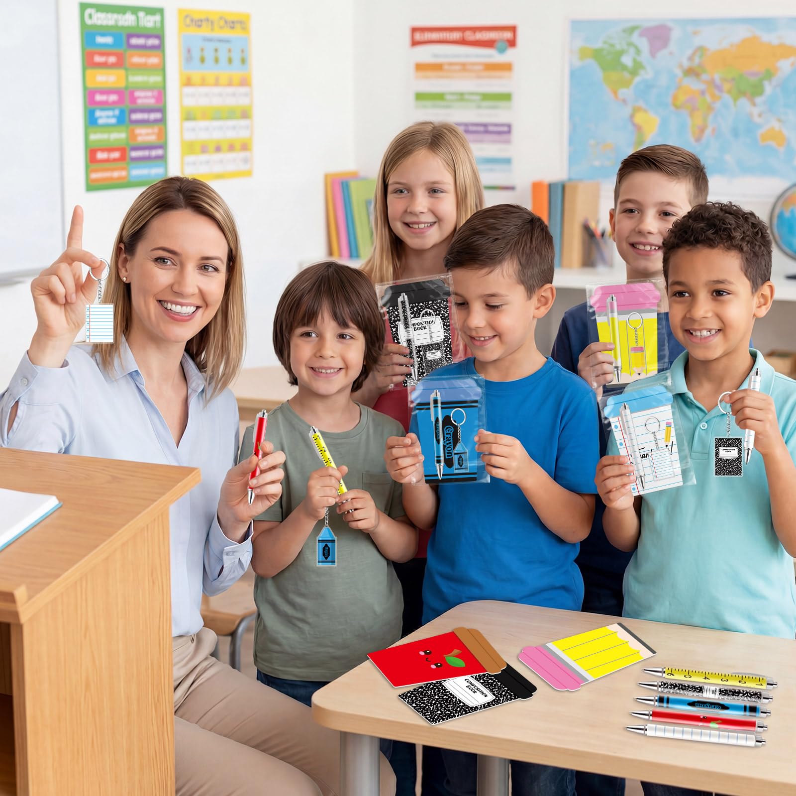 72 Stück Lehrer-Wertschätzungswoche Geschenk-Bulks Kompositions-Notizbuch, Dankeschön-Lehrer-Kugelschreiber, motivierende Schlüsselanhänger, Karten für Wertschätzungswoche, Lehrer, Team