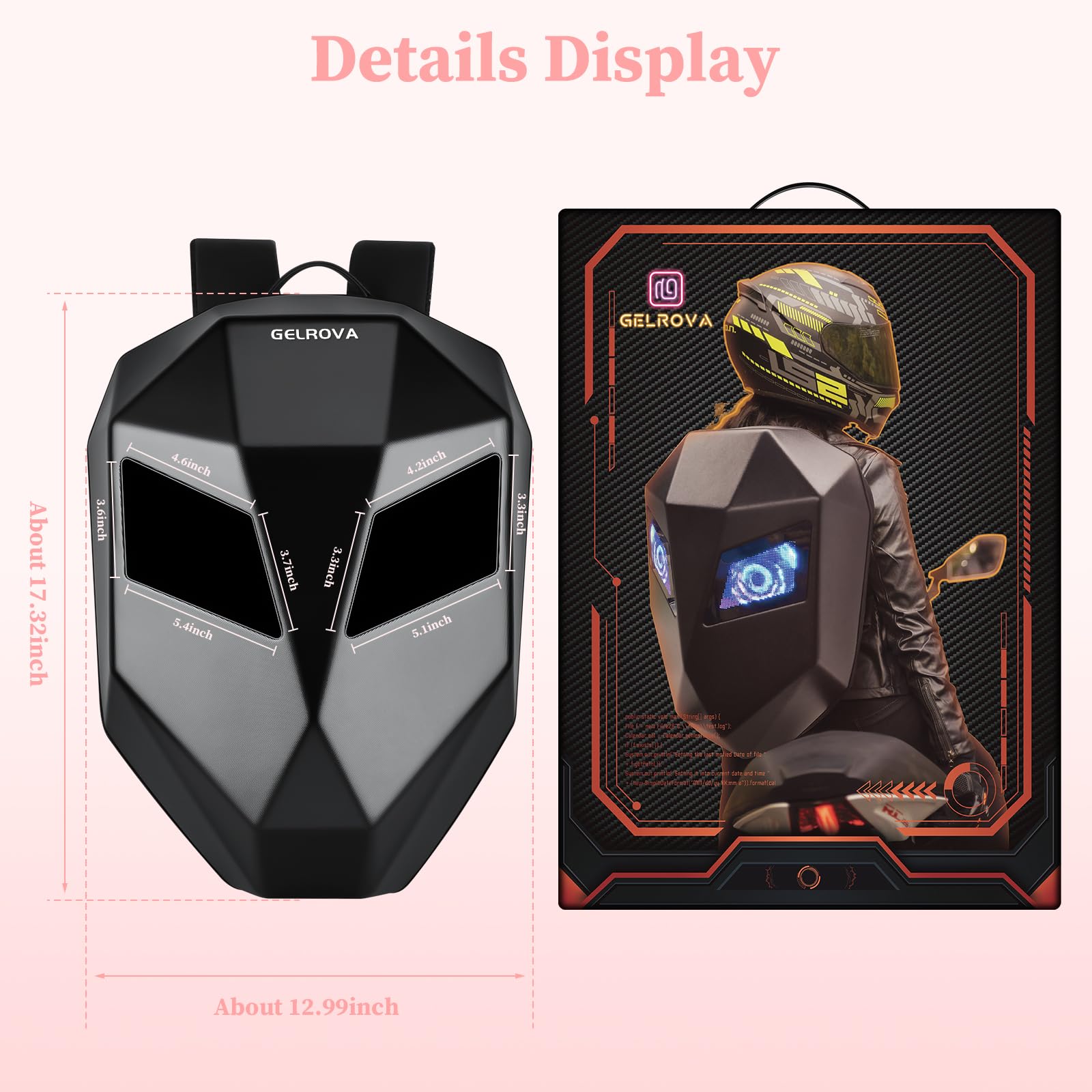 Grelrova Sac à dos de moto avec yeux LED, noir, Small size 17in, Sacs à dos Knight