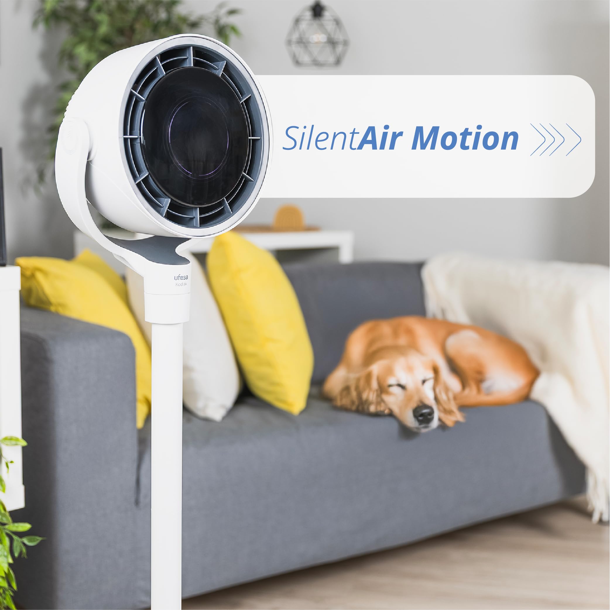 Ufesa Ventilatore Kodiak SilentAirMotion Circolatore d’Aria 3D, Motore Brushless, 24W, Sistema Vortex Motion, 12 Velocità, 3 Modalità, Oscillazione 3D, Schermo Touch LCD, Regolabile, Telecomando