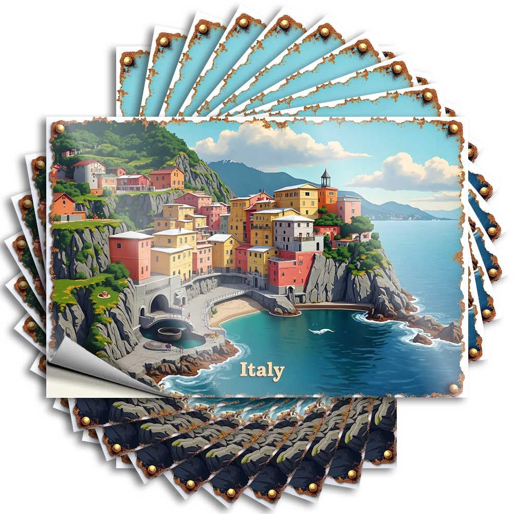 Vintage Square Bumper - Colorful Coastal Village in Italy: A Picturesque Scene with Vibra Removable Decal Case Easy Peel for Comfort(8X12CM)