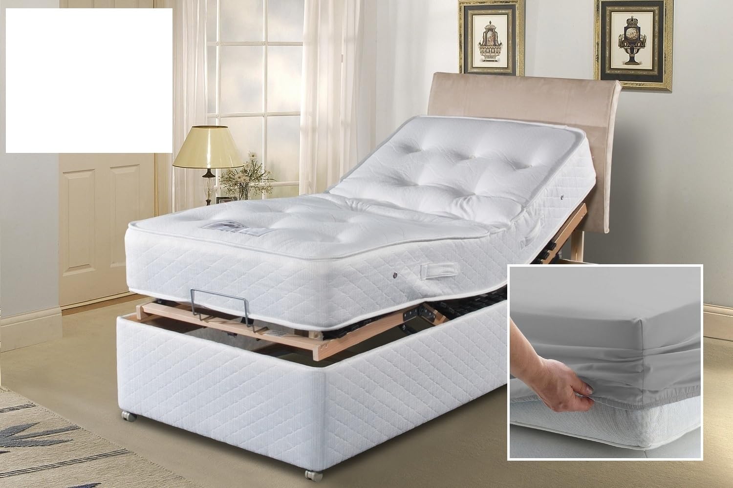 Electric Adjustable Bed Fitted Sheet - Double EXTRA LONG 4'6 x 6'6" (54" x 78") 300 Thread Count Percale Material - Hand Made to Order - 15" (38cm) (White)