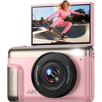 4K Digital Camera Photo Camera Children 64MP Compact Camera with 16X Digital Zoom - Gift from 8-18 Years Teenagers Kids / Beginners - Mini Retro Vlog Camera Pink No SD Card