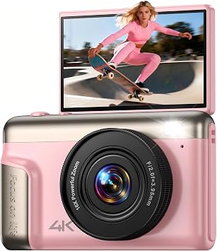 4K Digital Camera Kids for Vlogging 64MP Compact Cameras with Flip Screen & Anti-Shake - Gift for Beginners/Teens/Adults - Video Photography Cam Travel for Boys Girls Pink No SD Card