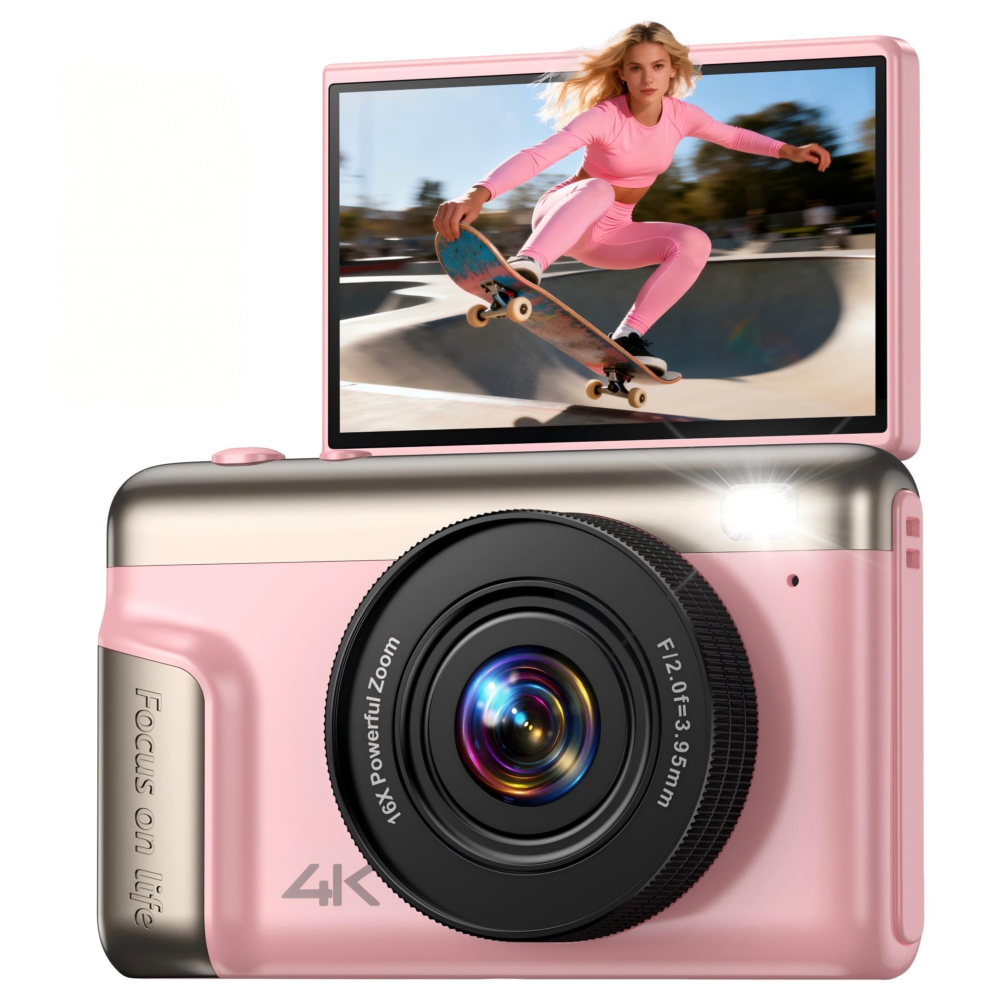 4K Digital Camara de Fotos Compacta: 64MP Profesional Video Cámara con 16X Zoom IPS Pantalla Abatible - Regalo para Principiantes Adultos - Baratas Vlog Camera Niño Niña Rosa