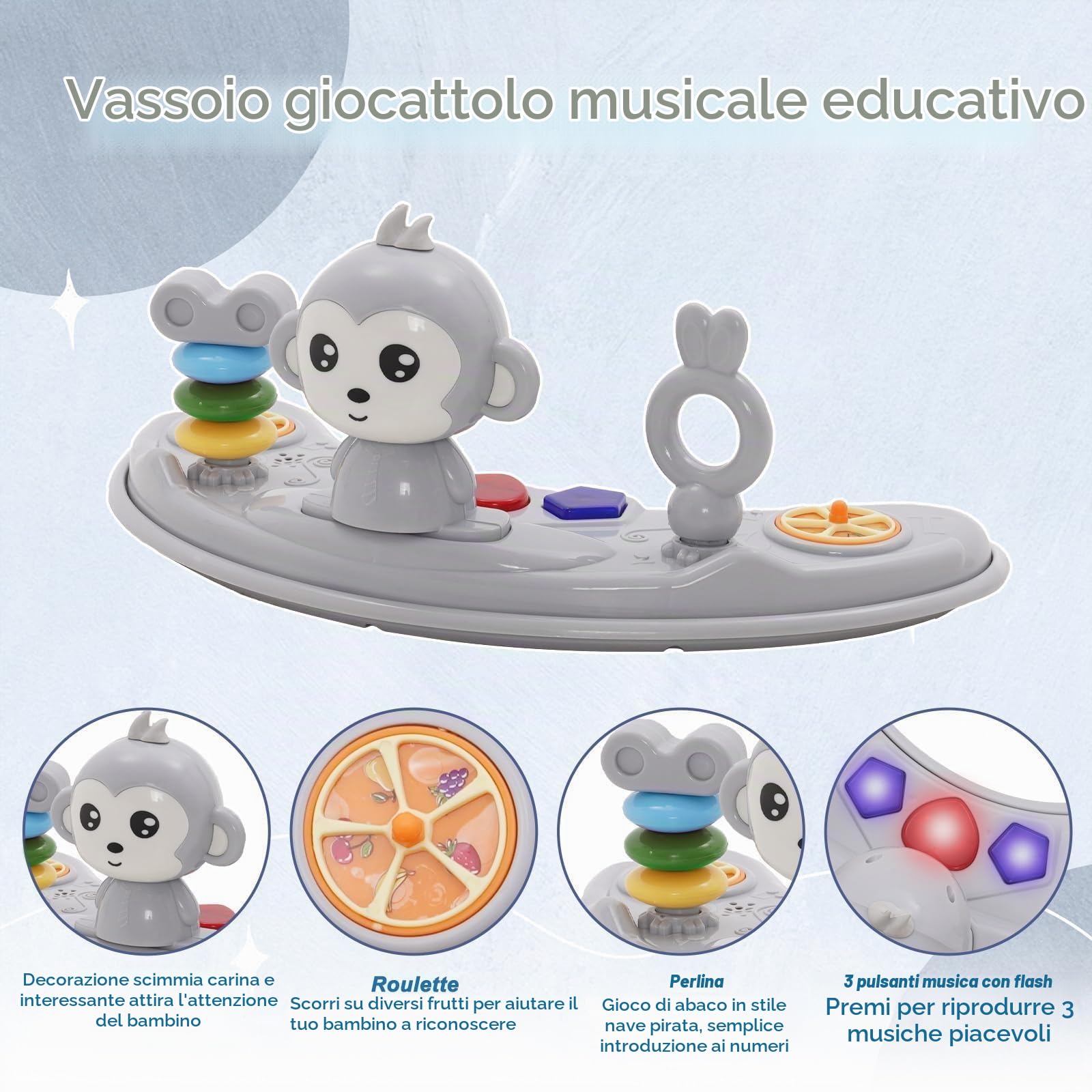 Girello antiribaltamento in plastica didattico Montessori musicale Giocattolo da esterno 4 in 1 Girello Ausilio per camminare in piedi Ragazza Grigio
