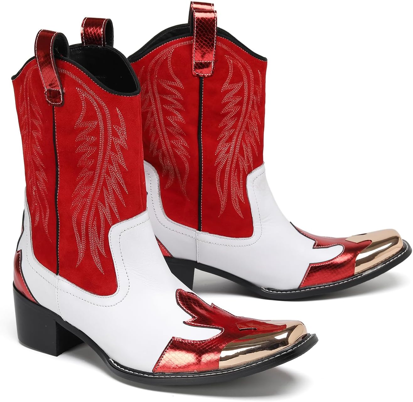 Santimon Men's Cowboy Western Boots with Cowhide Leather, Red & White Design - Comfortable Pull On Casual Mid Calf Boots for Retro Embroidered Rodeo Festival Party