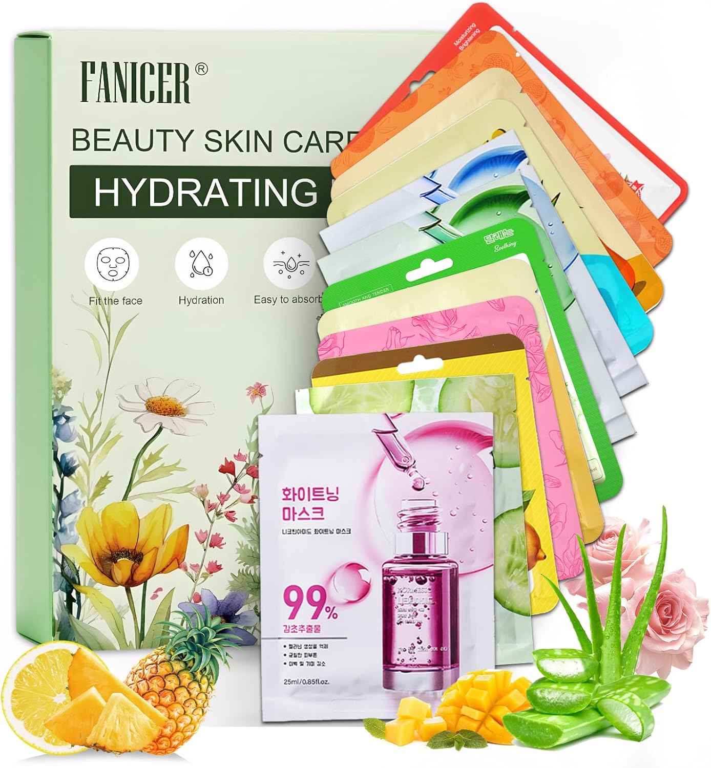12 Pack Fruit Face Sheet Masks Set, Hydrating, Brightening & Soothing Korean Style Facial Masks for Dry & Dull Skin – Daily Care Moisturising Facial Masks, Spa Self Care Beauty Gift Set, Multi-colored