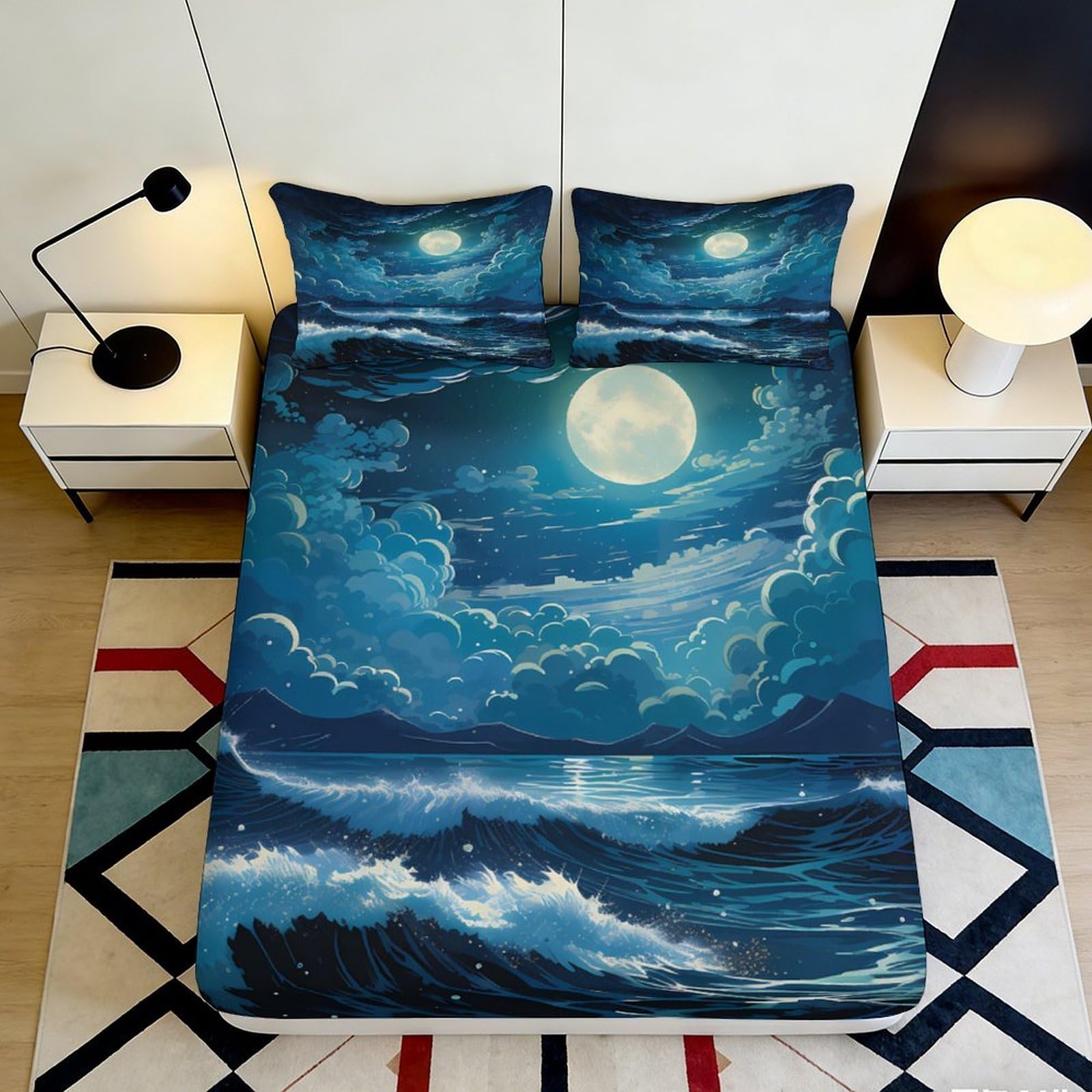 Pnayamiorkfel Style-6 3D Printed Moonlit Ocean Fitted Sheet Microfiber Soft Waterproof Night Sky Bed Cover For Bedroom Dorm Decor 90X200x25cm