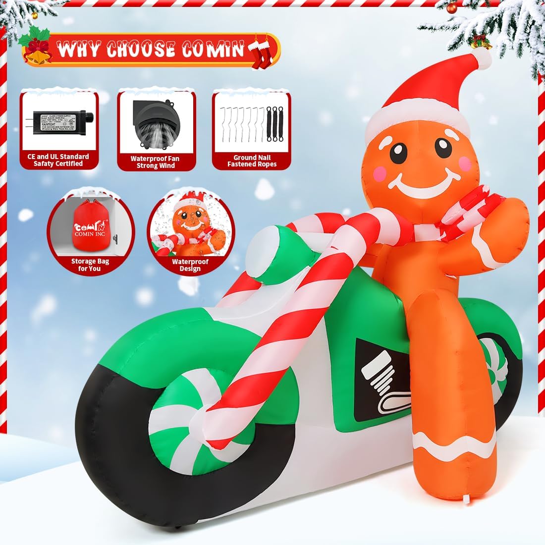 COMIN 6ft Christmas Inflatables Outdoor Decorations, Blow Up Gingerbread Man On A Motorbike Inflatable with Built-in LEDs for Christmas Indoor Outdoor Yard Lawn Garden Decorations - Image 6