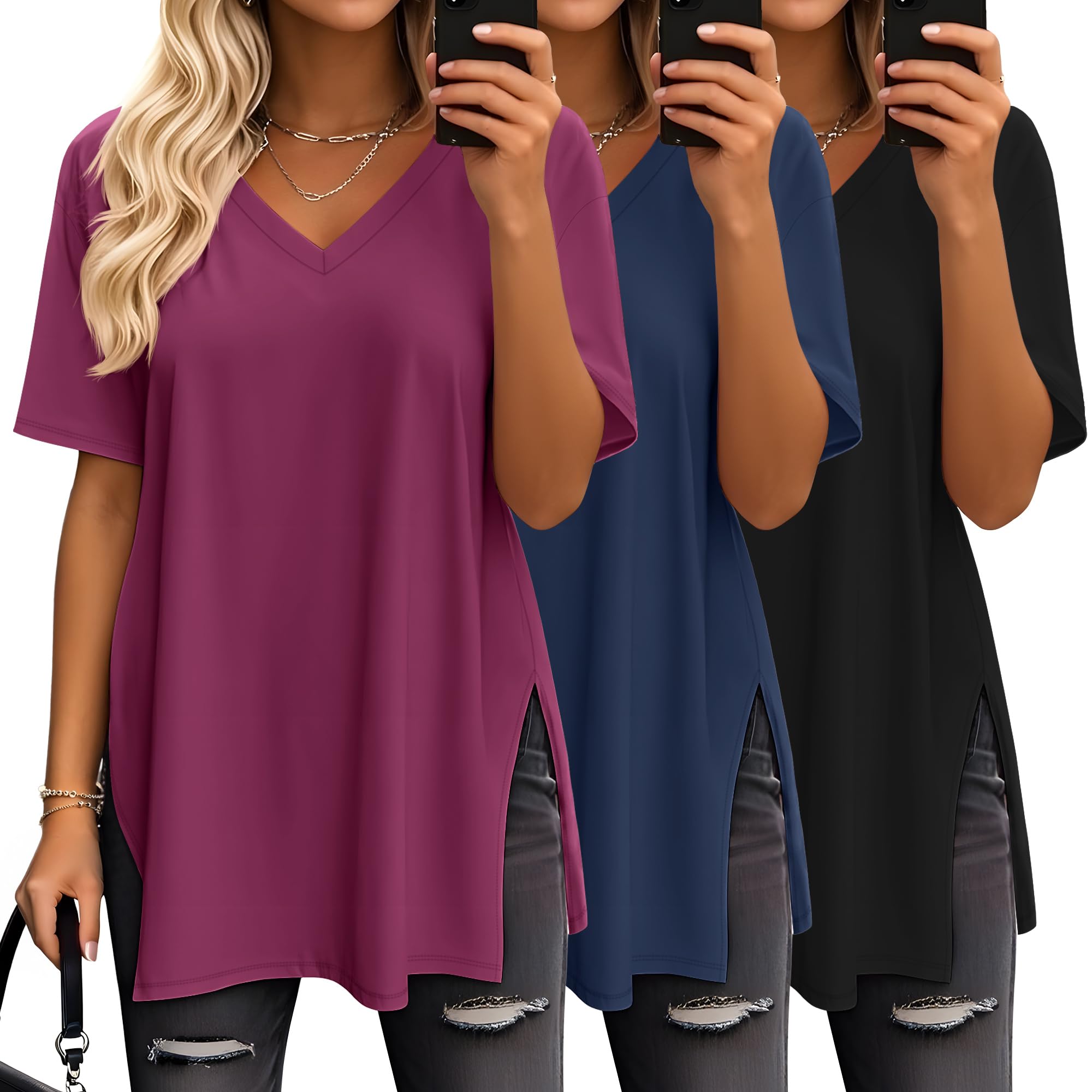 Geyoga Lot de 3 T-Shirts Oversize pour Femme, col V, Maille décontractée, Manches Courtes, Fentes latérales, Coupe Ample, Tuniques Tendance