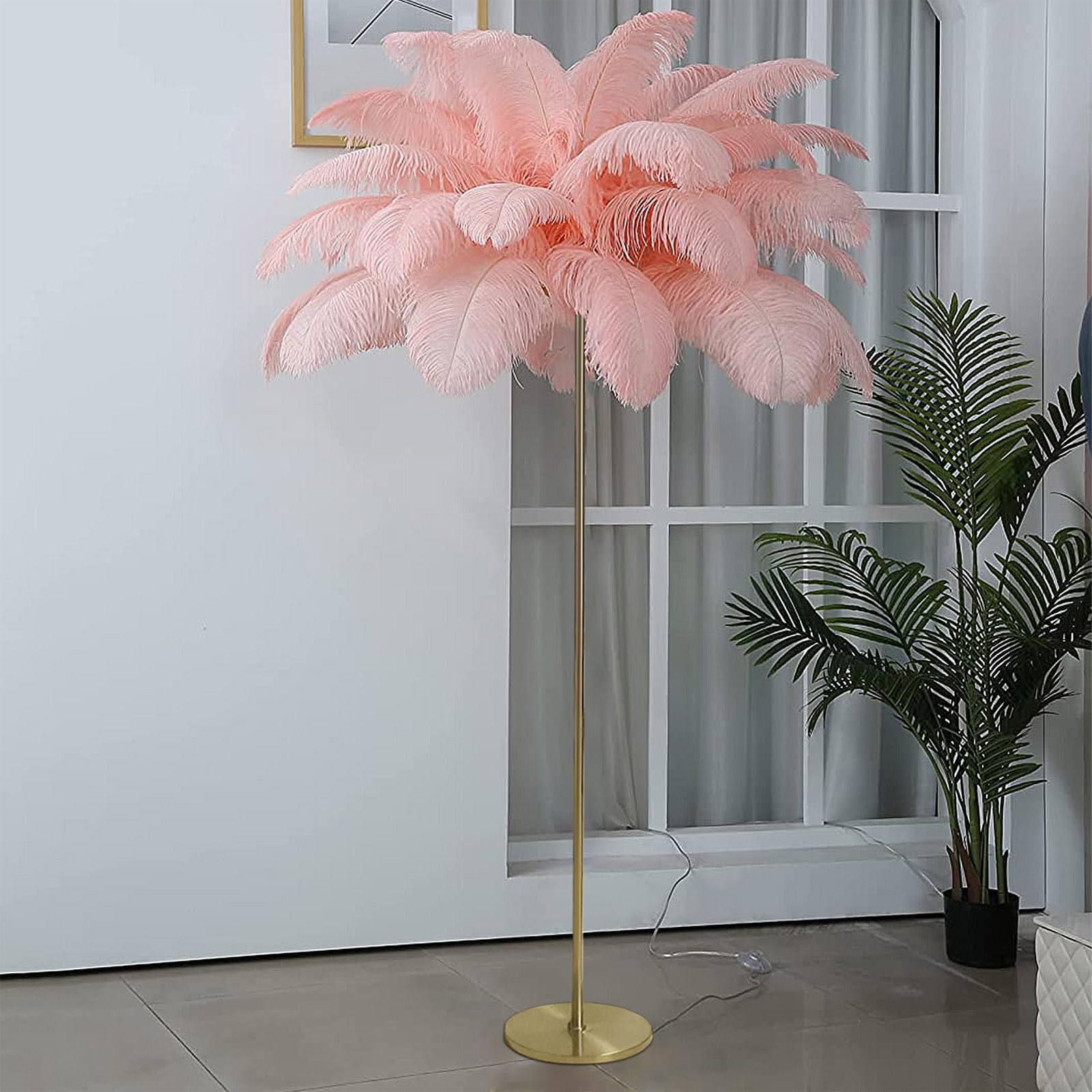 Lampadaire en plumes d'autruche rose avec interrupteur à pied pour salon