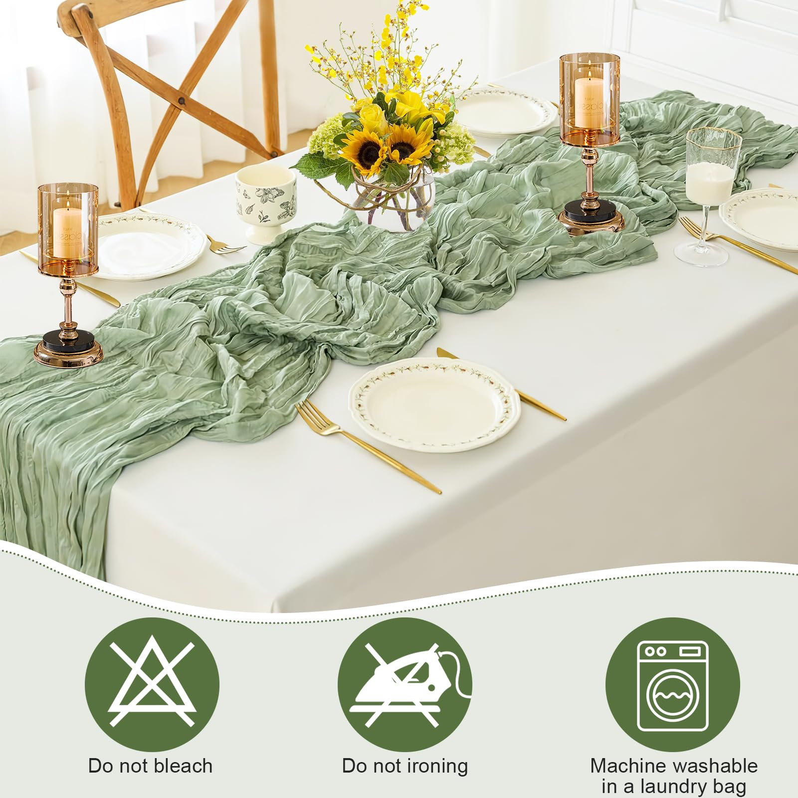 Runner Da Tavola In Garza Verde Salvia - 10 Pezzi, 90x300 Cm, Per Matrimoni, Feste, Decorazioni Boho