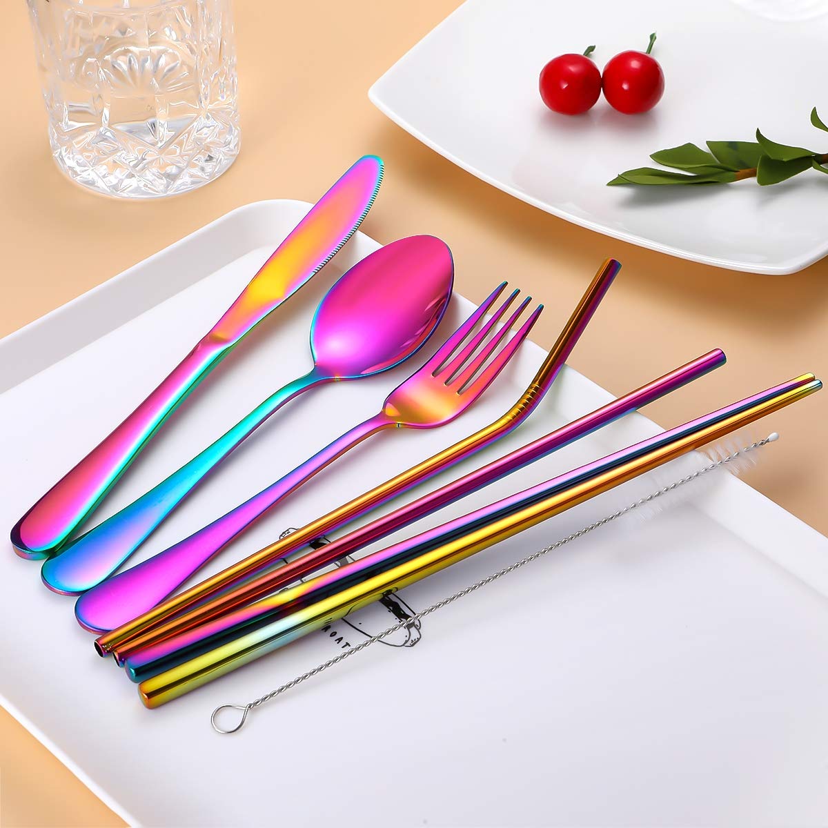 Utensilios de viaje, juego de cubiertos reutilizables para llevar, portátil con una funda de transporte impermeable para loncheras, lugar de trabajo, camping, escuela, picnic (caja de flores/arcoíris)