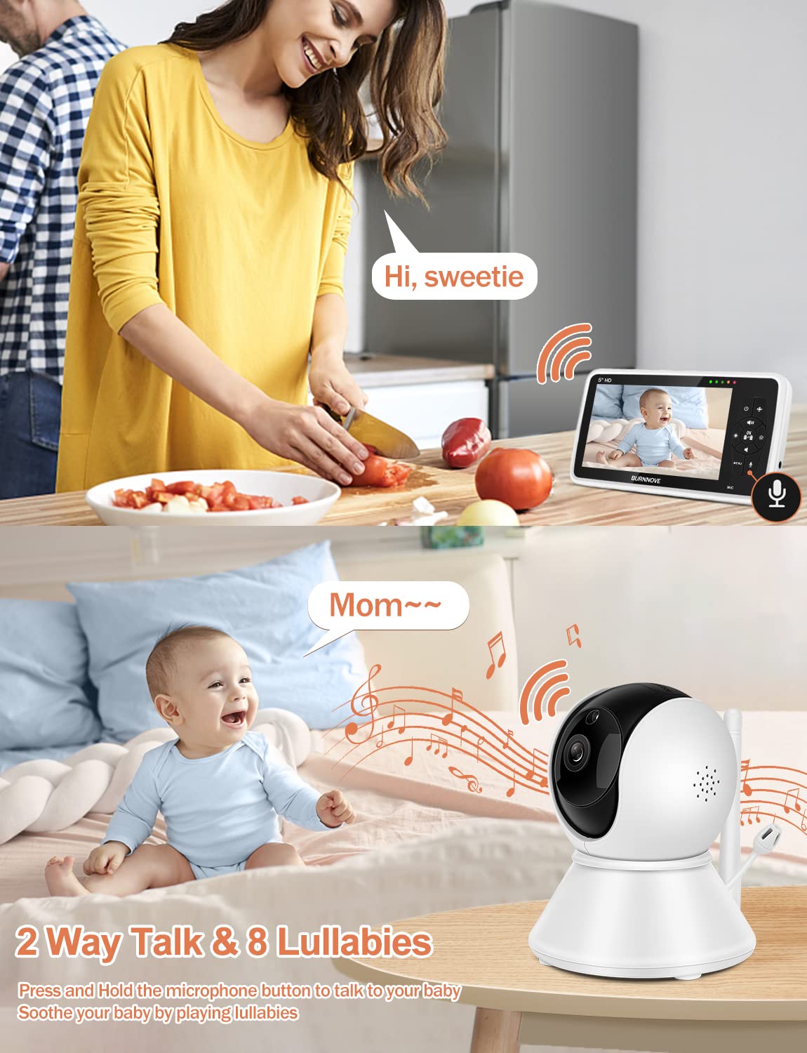 Baby Monitor SWE Con Video E Audio 5" 720P - Telecamera 355°, Visione Notturna, 8 Ninne Nanne, Senza Wi-Fi, Portata 300m