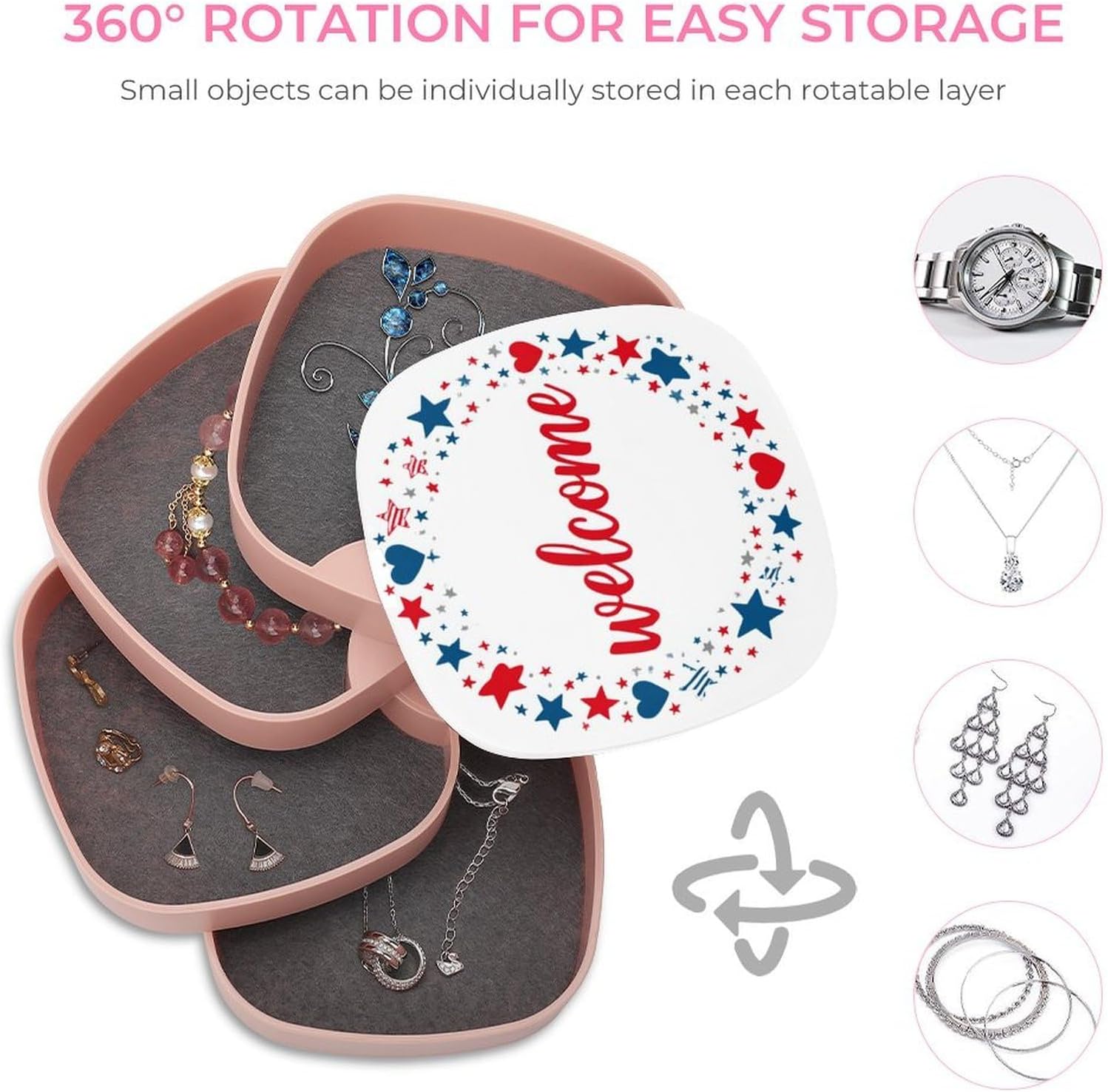 Wreath with Stars Heart Text Welcome Jewelry Boxes for Women, Earring Holder Organizer Rotating Jewelry Organizer for Necklaces Bracelets Ring image 4