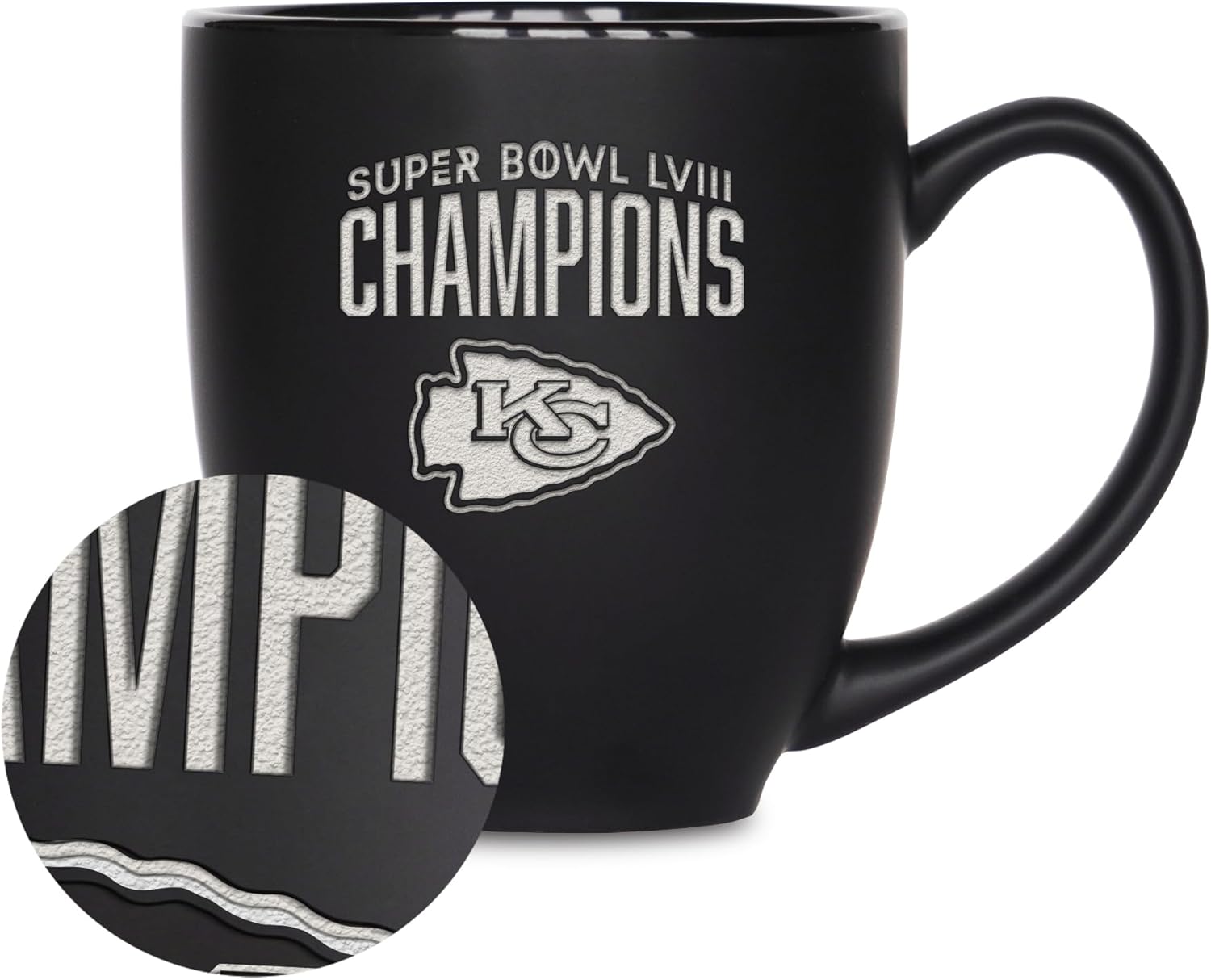 Rico Industries NFL Football Kansas City Chiefs 2024 Super Bowl LVIII Champions 15oz Laser Engraved Matte Black Ceramic Bistro Mug - for Hot or Cold Drinks
