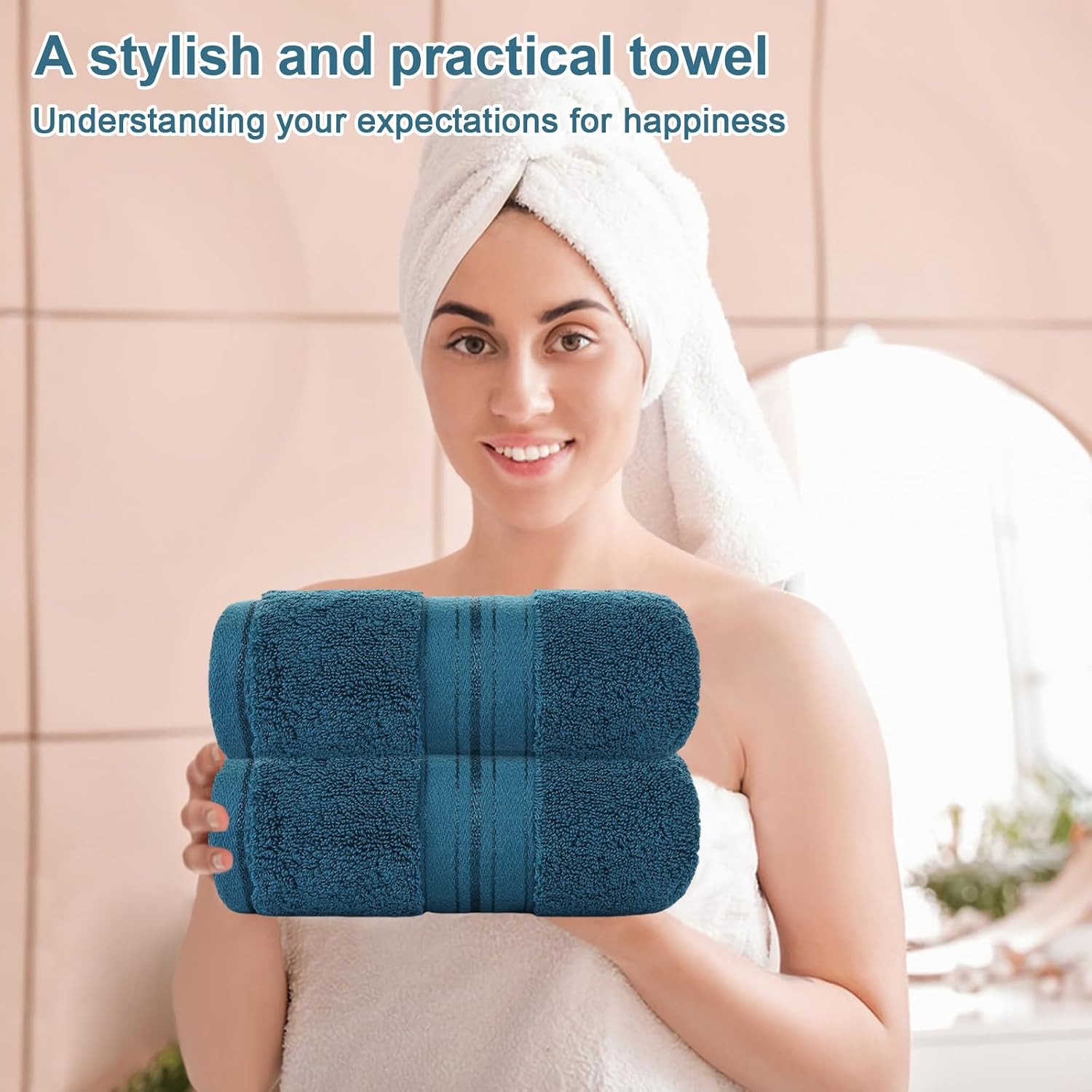 Bath Towels and Hand Towel Set, 100% Cotton Bathroom Towel, Large,Quick Dry, Super Absorbent, Soft (Blue)