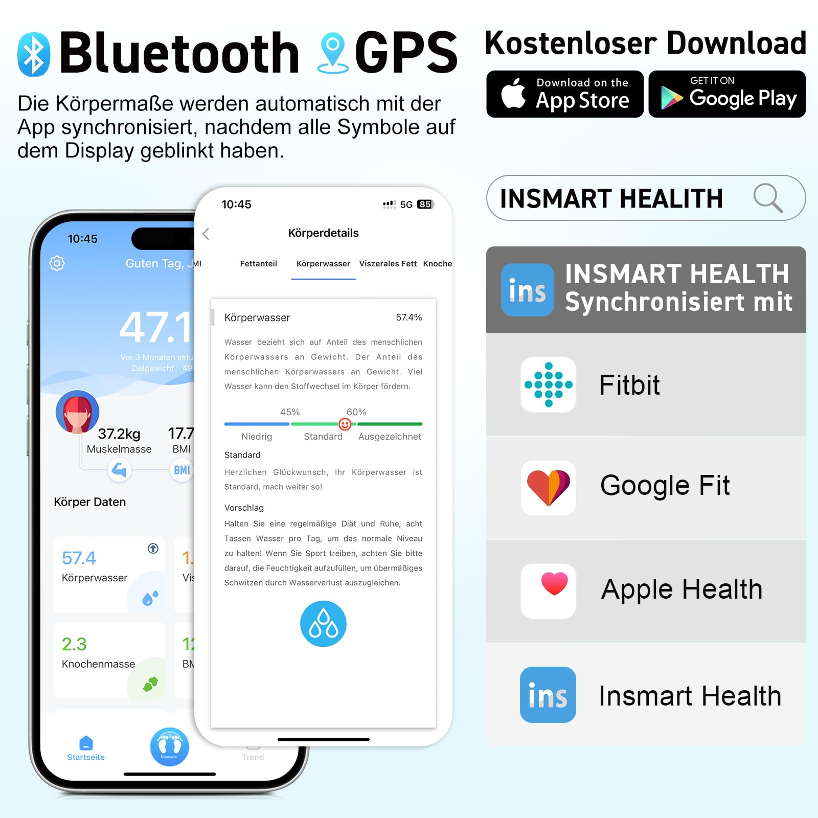 INSMART Inteligentna waga z dużym wyświetlaczem, waga 227 kg/500 lb z aplikacją/Bluetooth/czujnikiem pełnej powierzchni, waga osobowa analizuje 18 danych pomiarowych, BMI, wagę, tkankę tłuszczową