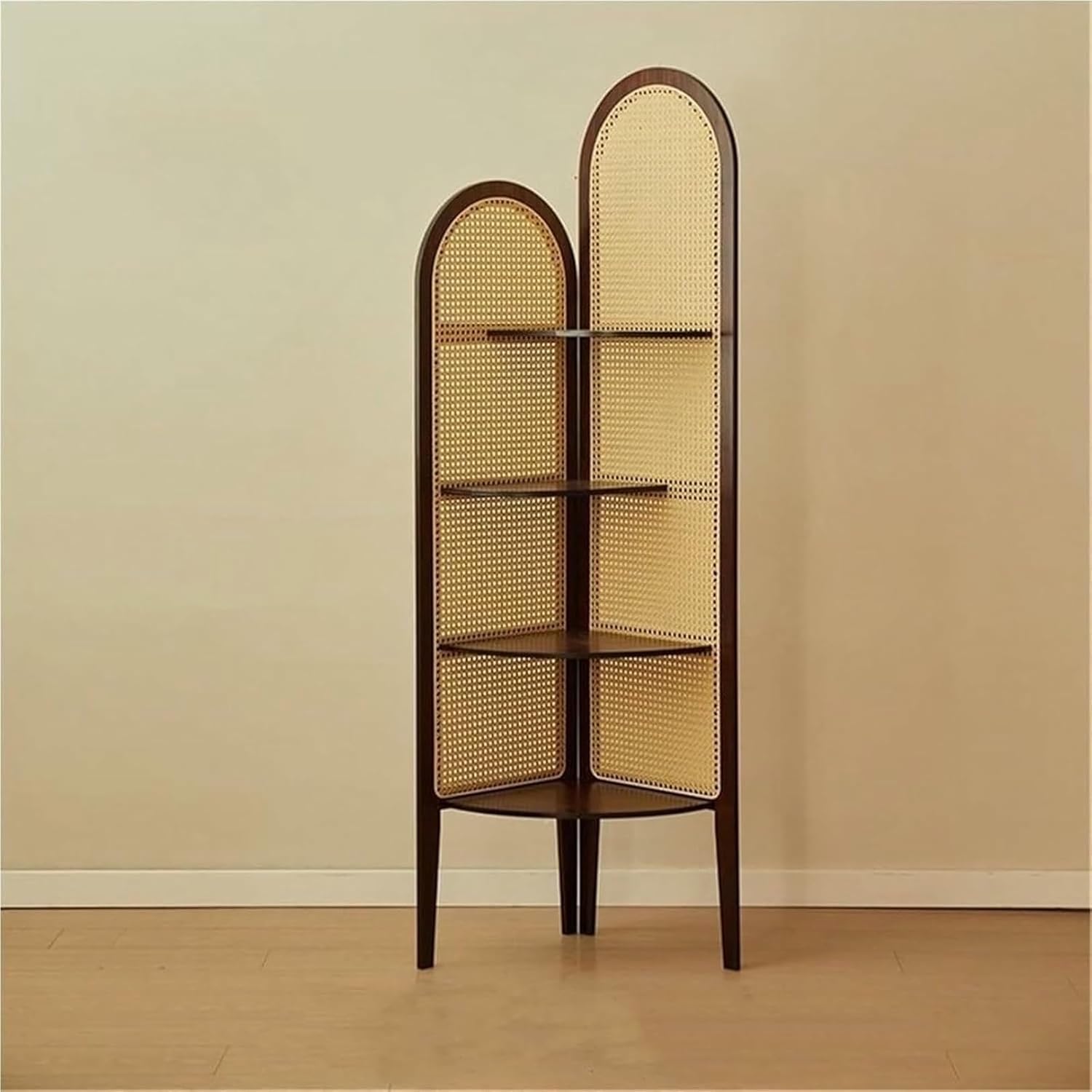 Vintage Rattan Corner Shelf - 4-Tier Modern Display Rack & Bookcase for Living Room, Study, or Office, Storage Solution in Natural Finish