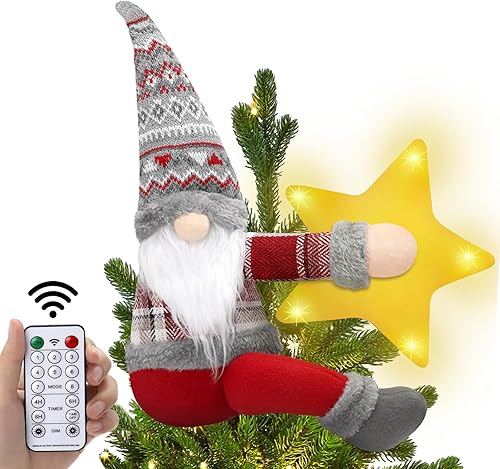SENKENA Decoración de árbol de gnomo de Navidad con luces, funciona con pilas, adorno de árbol iluminado con gnomos a distancia, abrazo con
