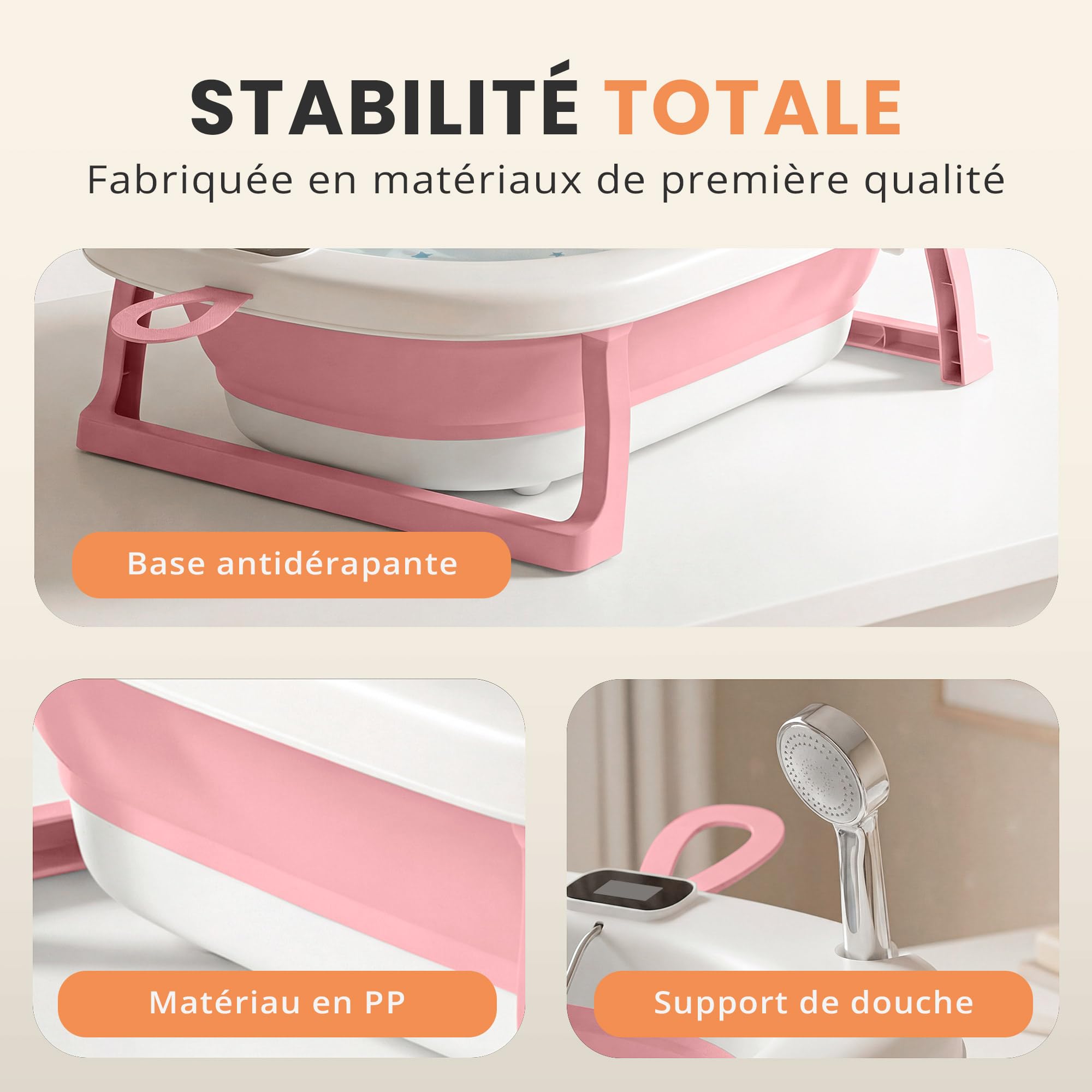 JUPPLIES Baignoire Pliable Bébé avec Coussin Ergonomique et Thermomètre Digital | Baignoire Bébé Antidérapante sur Pied | Bain Bébé Compact Facile à Ranger | 75x45x20cm (Rose, Sans Pattes)